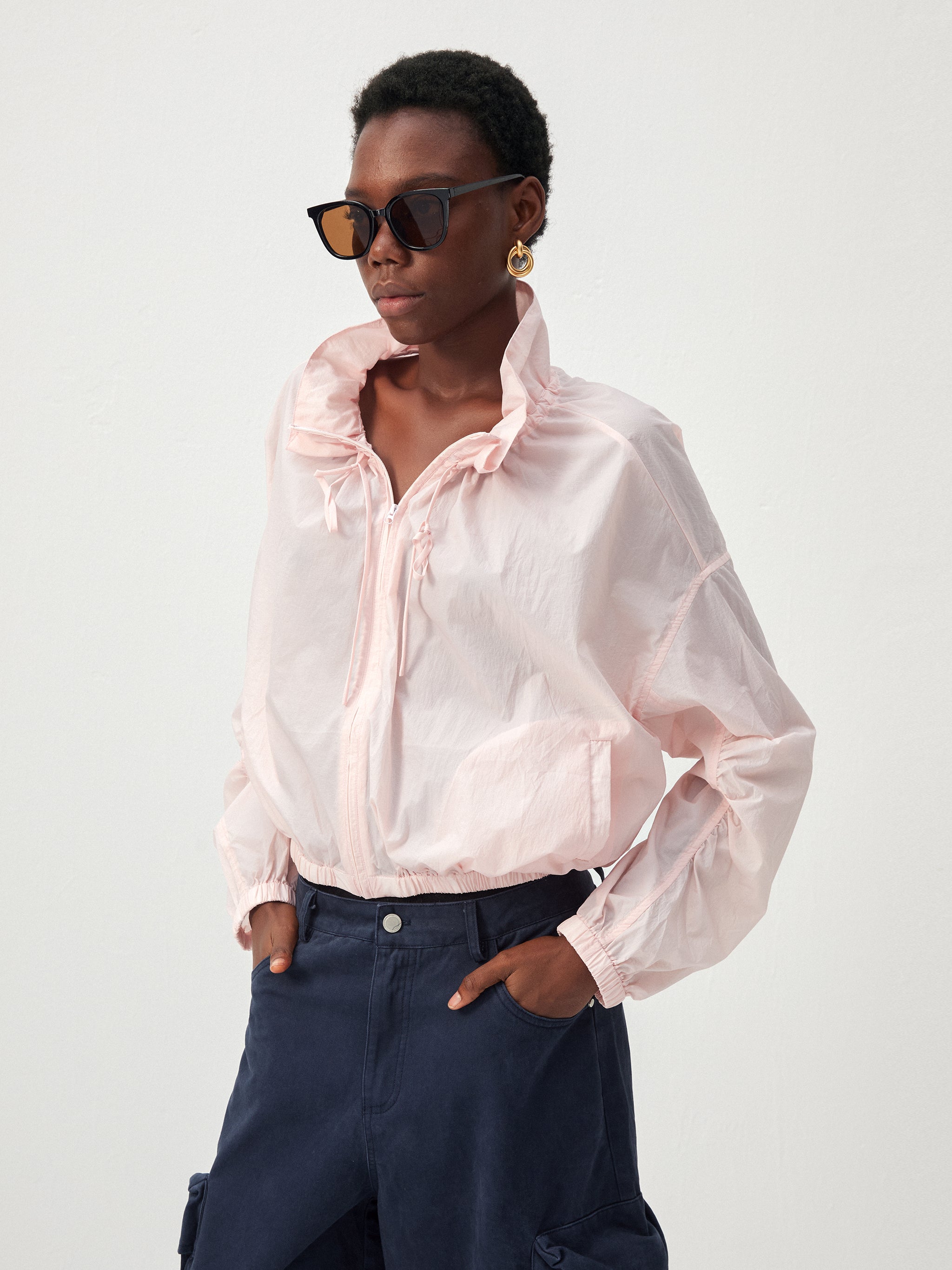 CUBIC Nylon Drawstring Collar Sheer Windbreaker Jacket-4