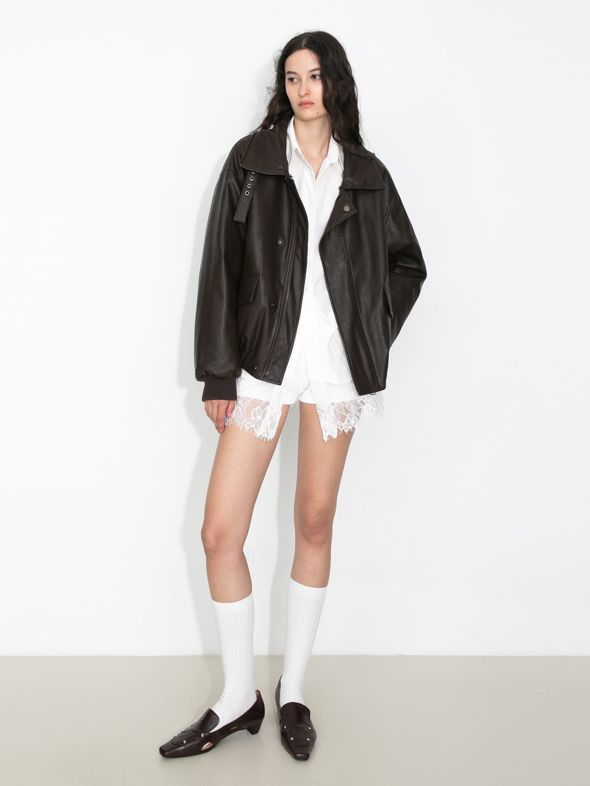 Faux Shearling Collar Leather Jacket-4