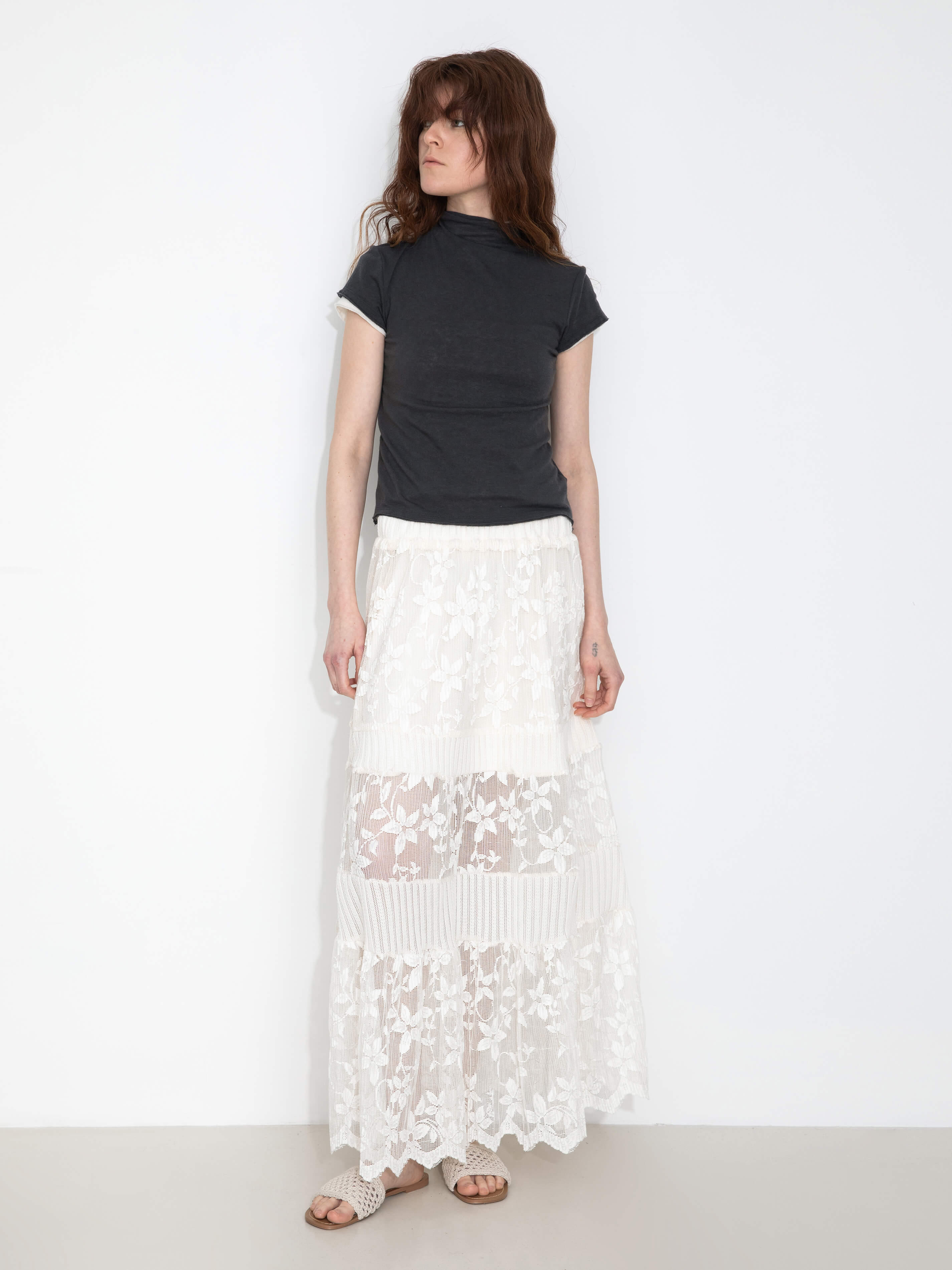 Textured Floral Print Lace Panel Skirt-5