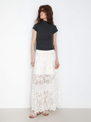 Textured Floral Print Lace Panel Skirt