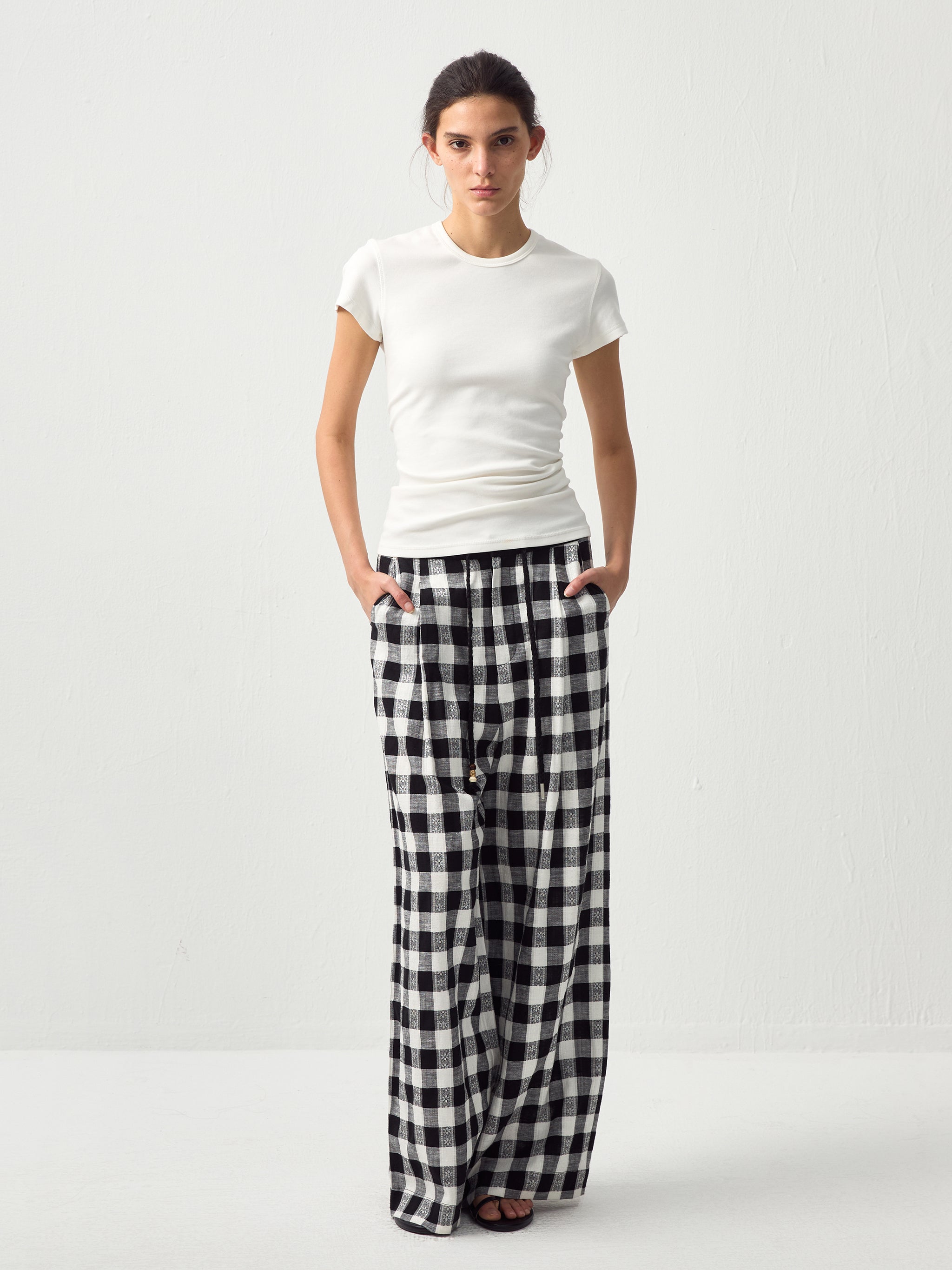 CUBIC Drapey Check Wide-Leg Trousers