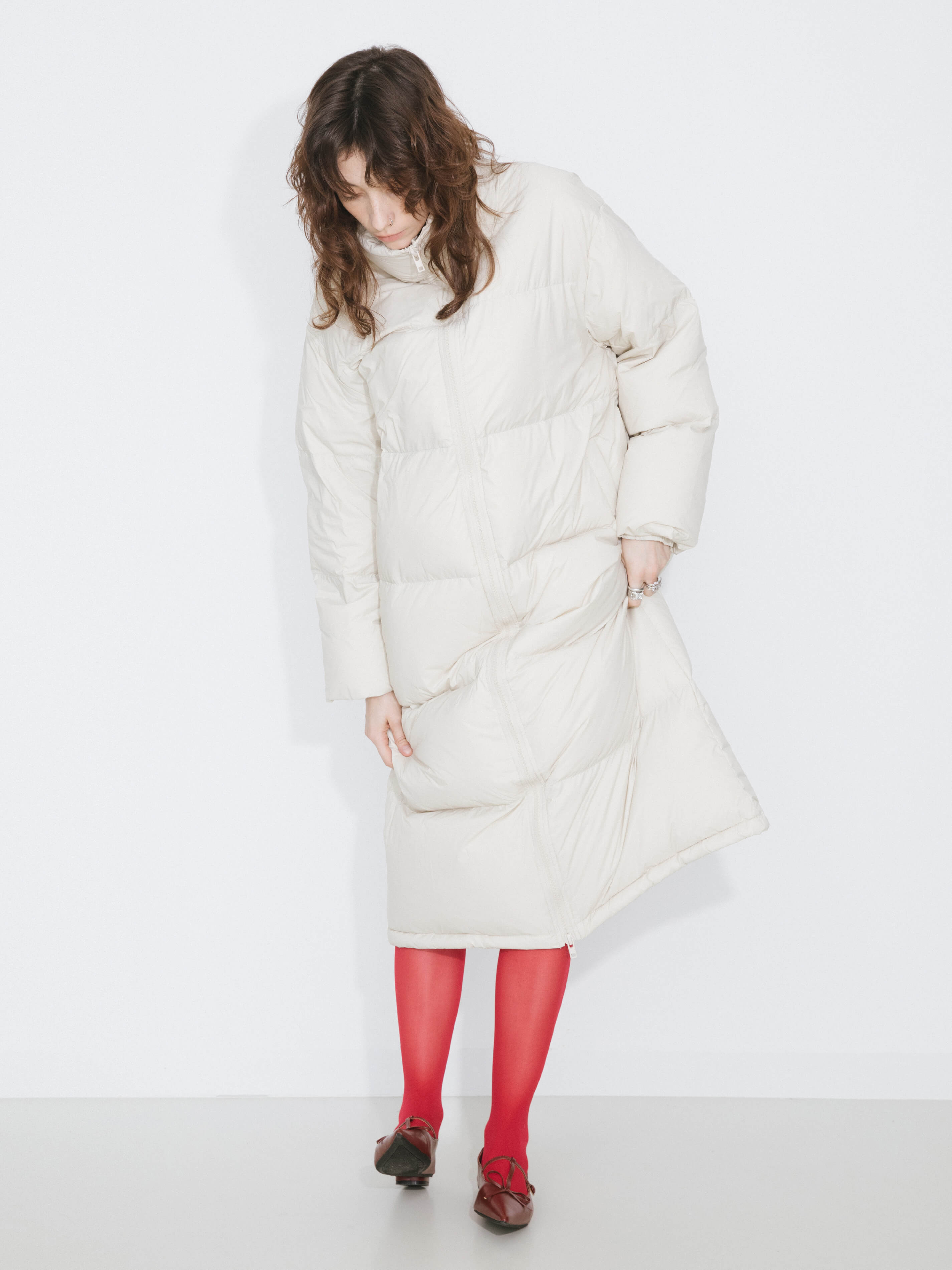 Long High Neck Zip Up Cocoon Down Coat-4
