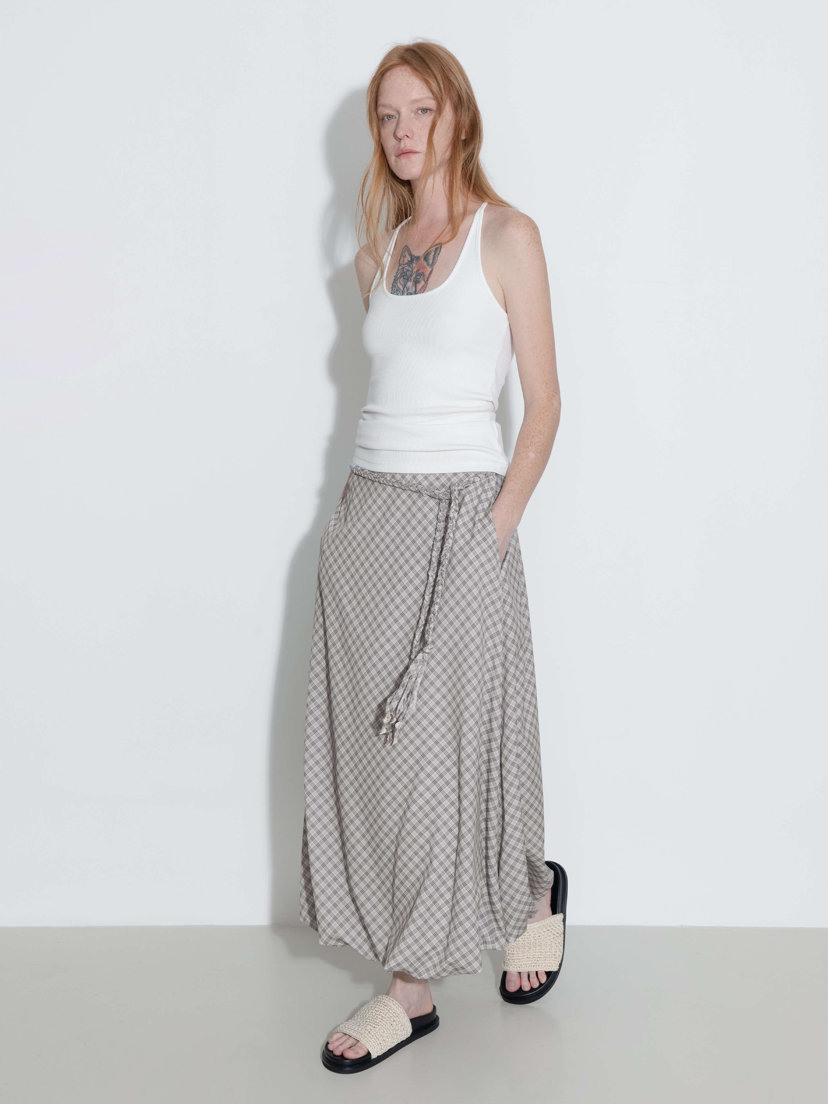 Plaid A-line Maxi Skirt with Belt-4