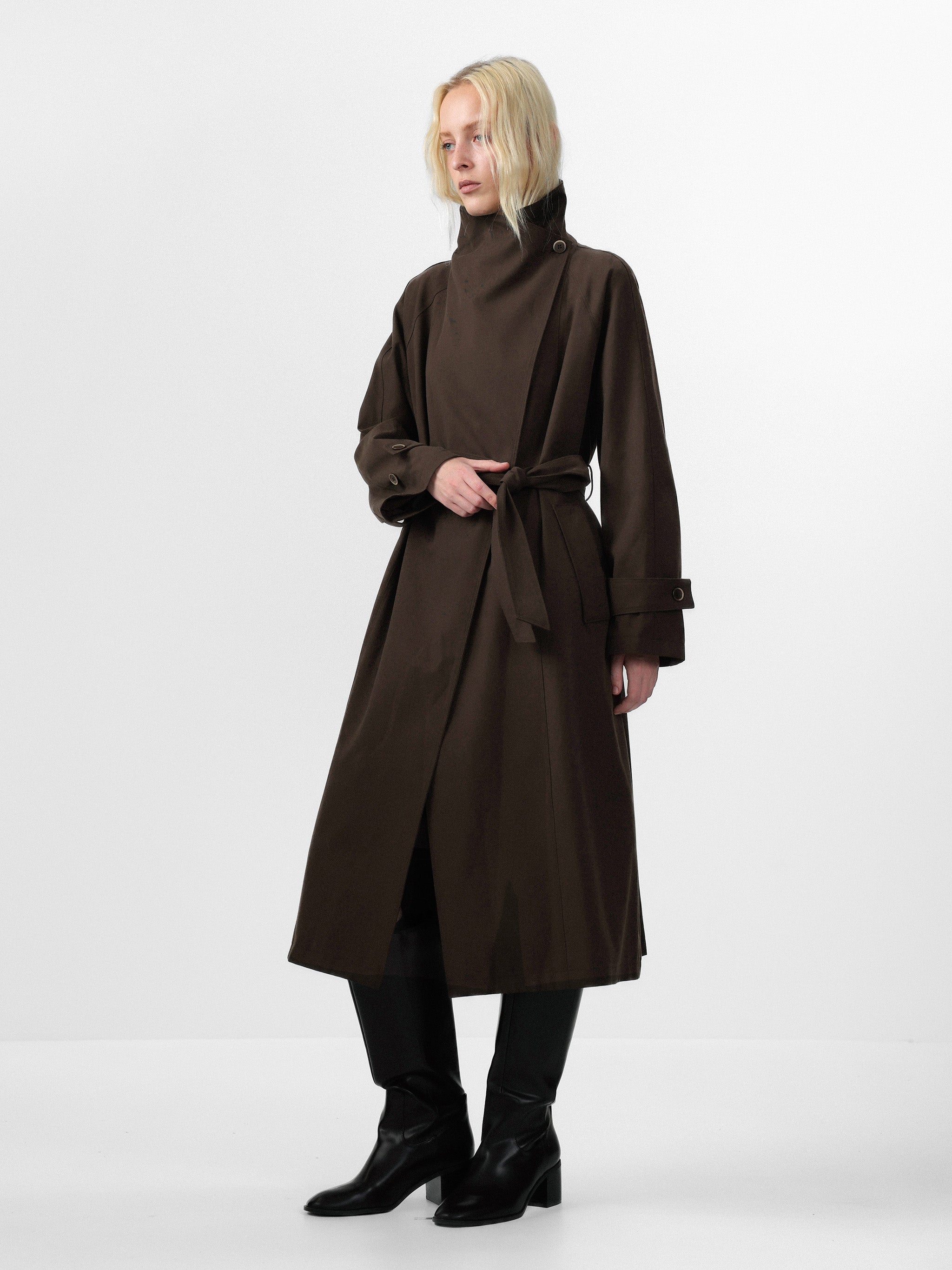 CUBIC Stand Collar Belted Long Trench Coat-4