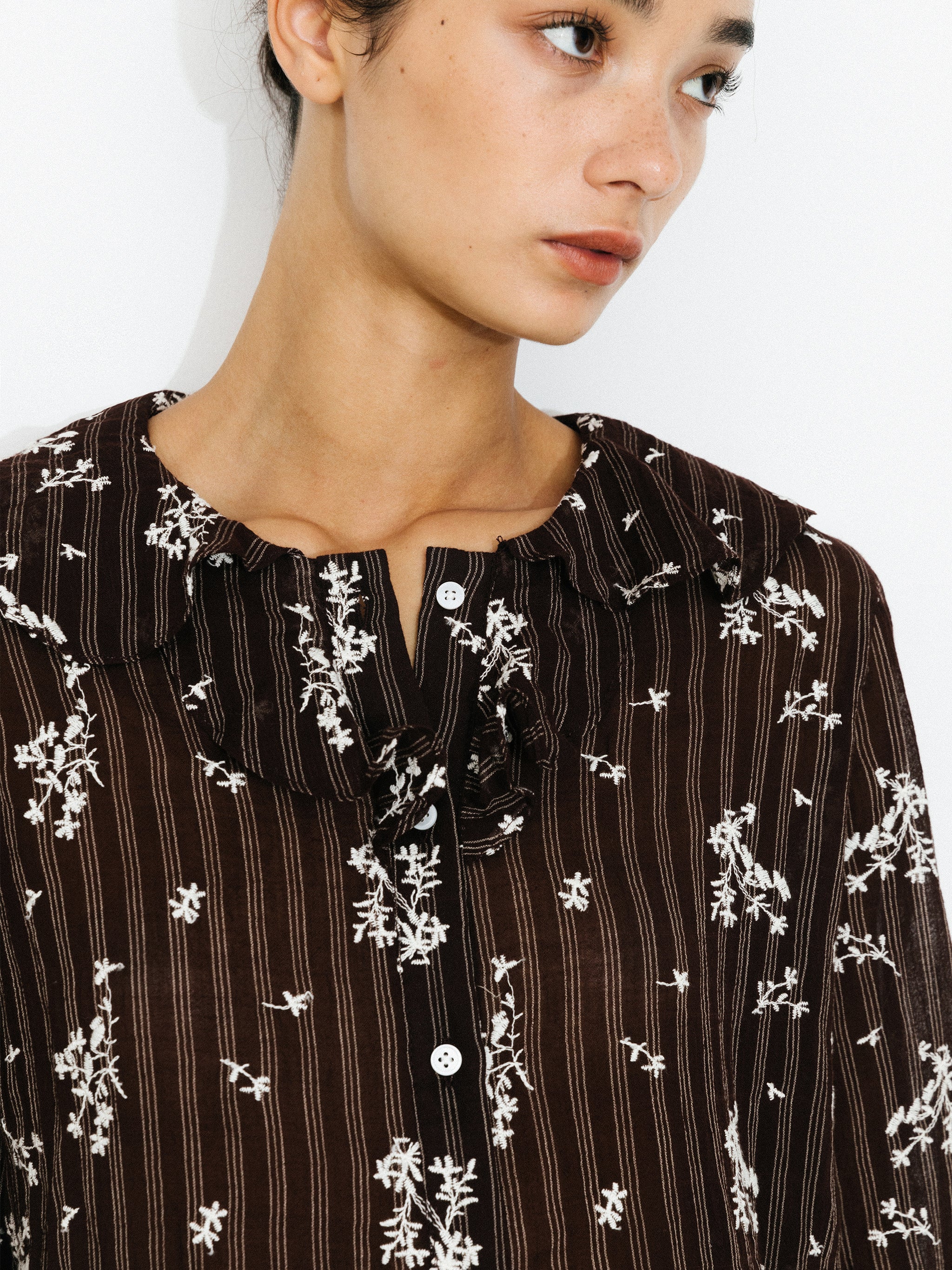 Striped Floral Ruffle Collar Cotton Shirt-4