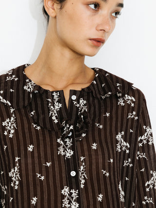 Striped Floral Ruffle Collar Cotton Shirt