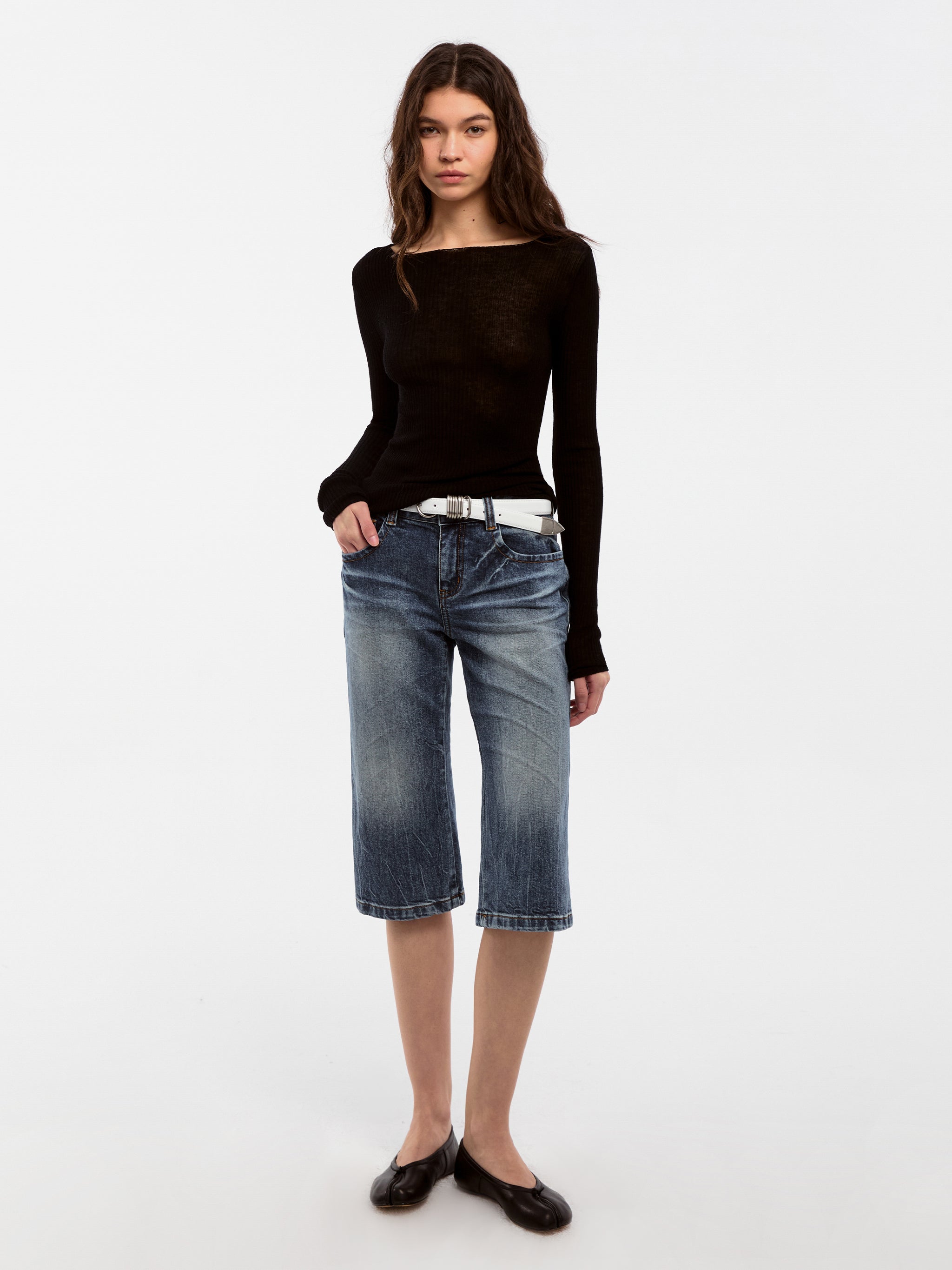 CUBIC Washed Denim Knee-Length Shorts-4