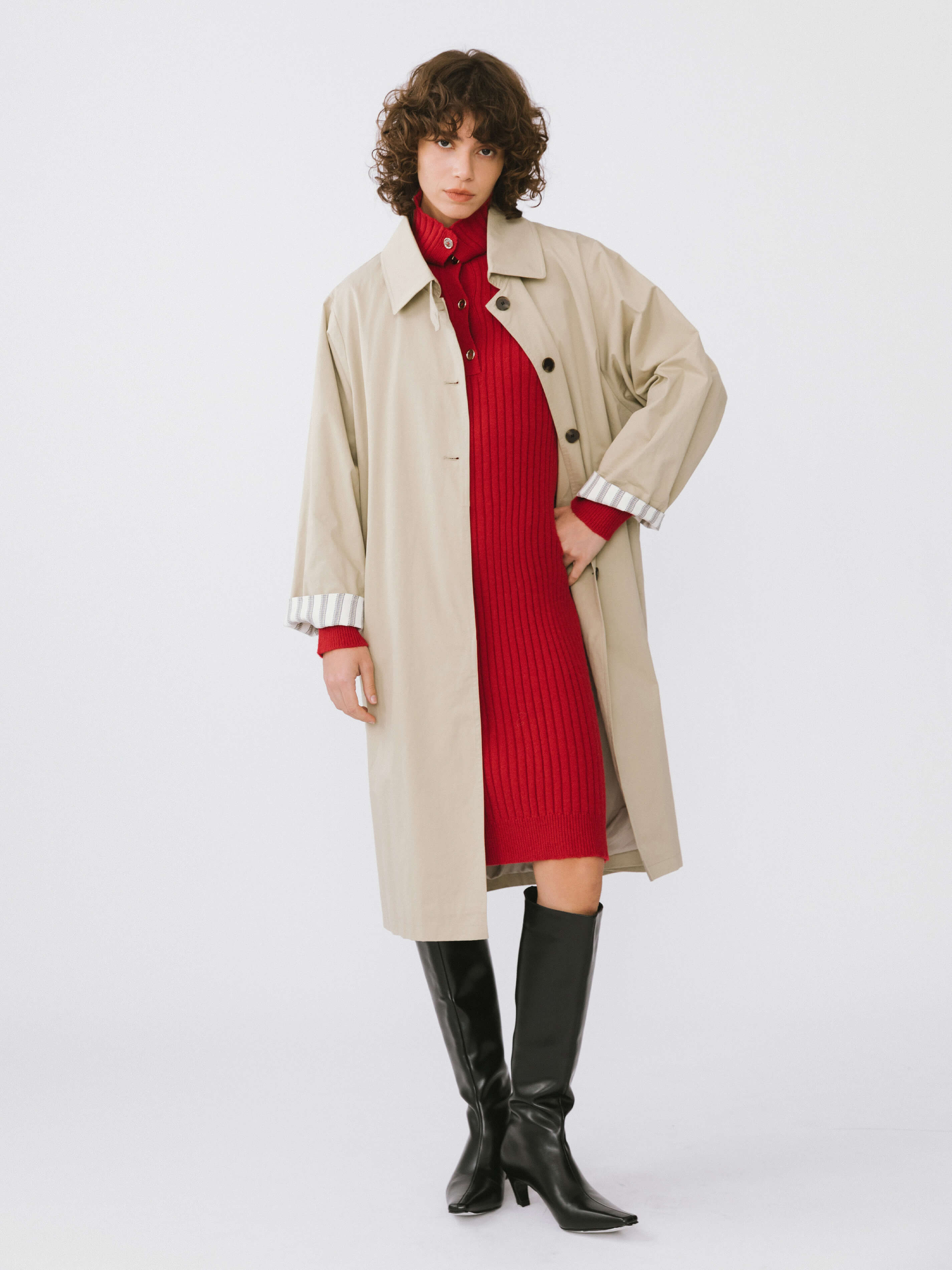 Large Lapel Red Knit Dress-4