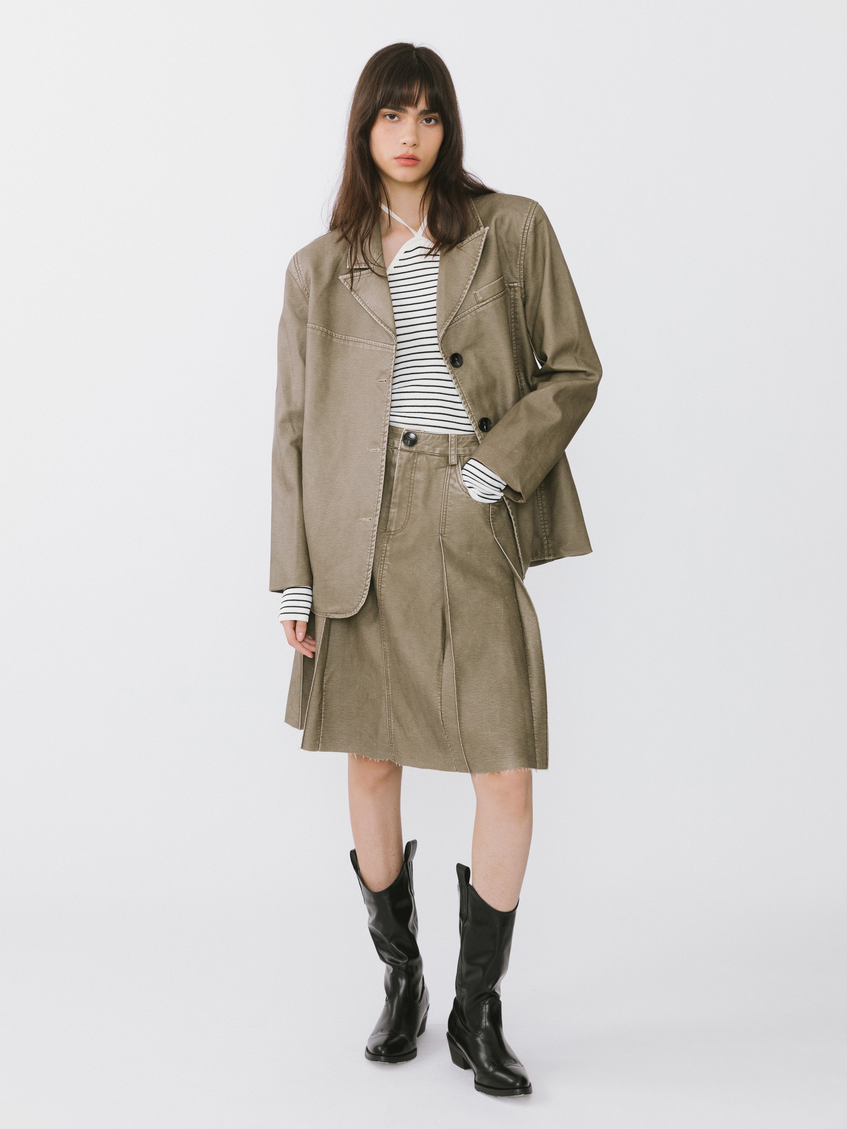 Raw Edge Pleated A-line Skirt-5