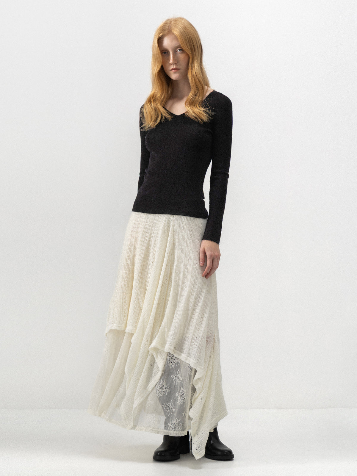 CUBIC Asymmetric Layered Wool Blend Lace Skirt-4