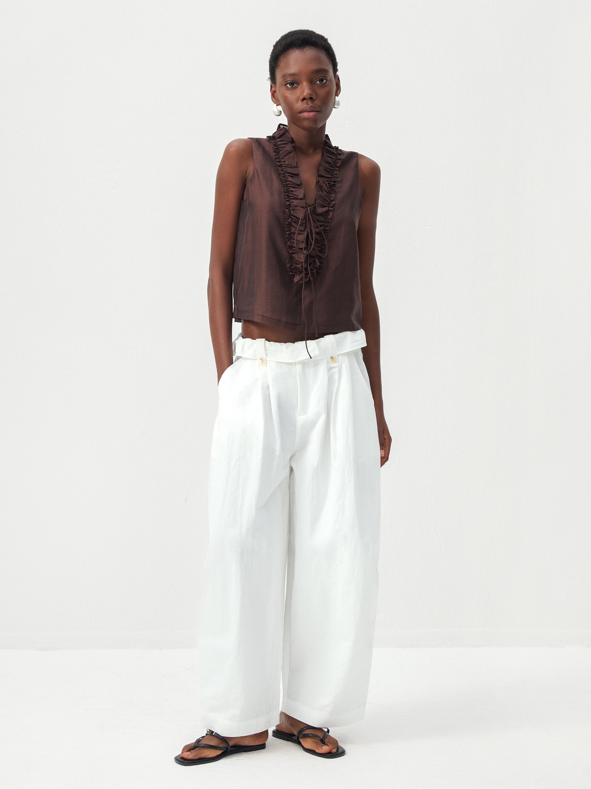 CUBIC Cotton-Blend Fold-Over Waist Wide-Leg Trousers-4