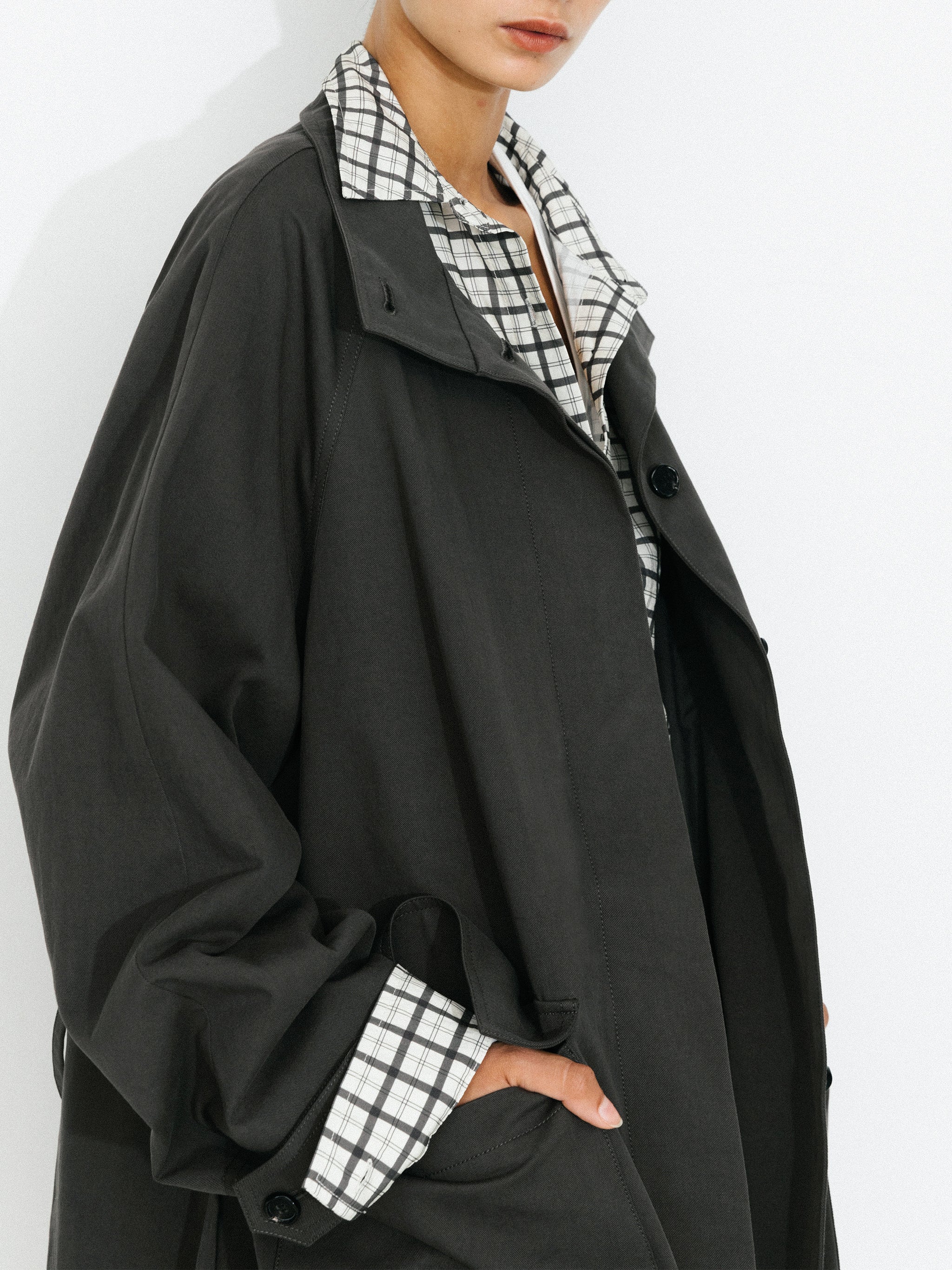 100% Cotton Stand Collar Mid-Length Tie-Waist Trench Coat-4