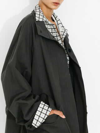 100% Cotton Stand Collar Mid-Length Tie-Waist Trench Coat