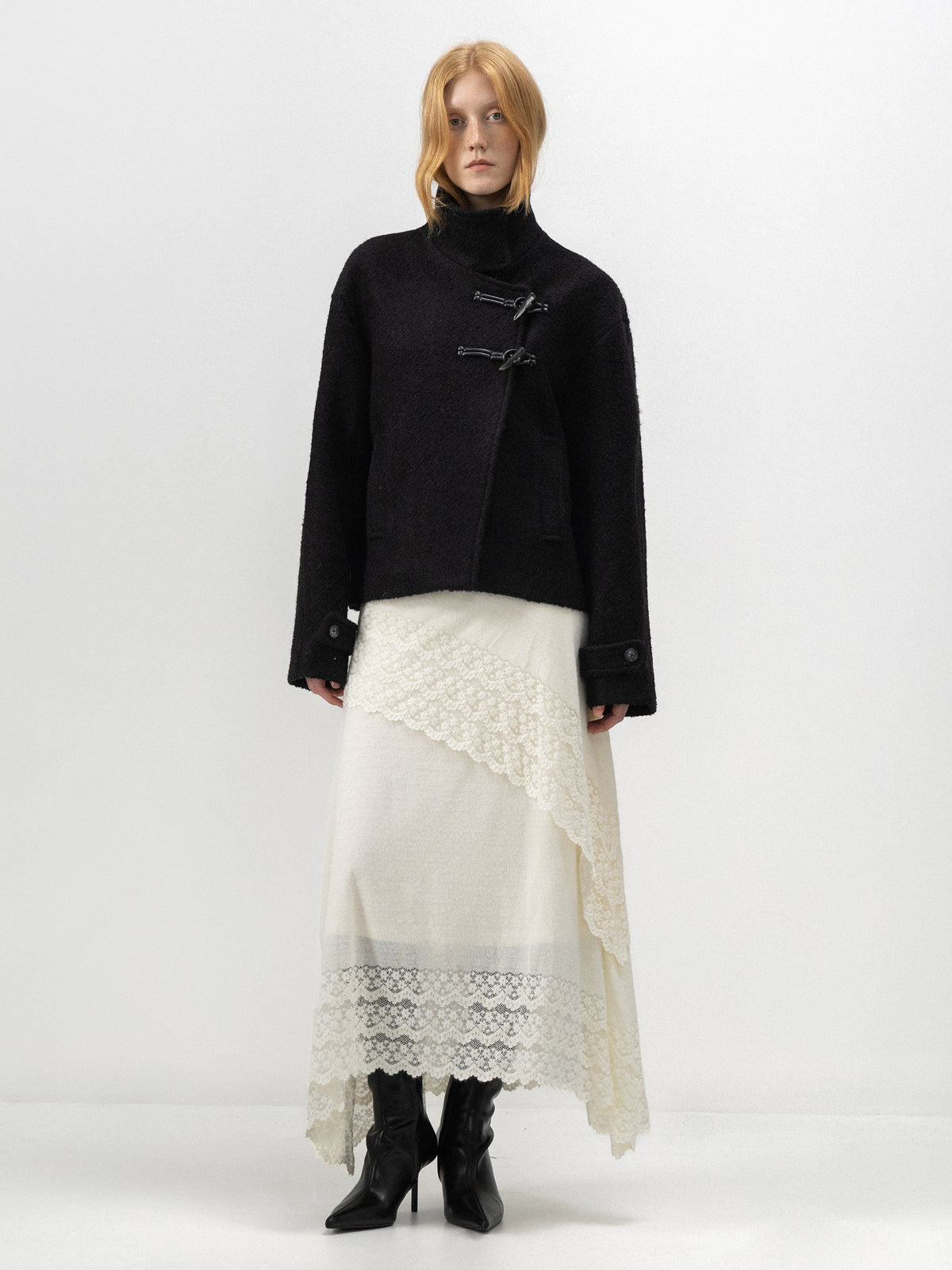 CUBIC Asymmetric Lace Knit Midi Skirt-4