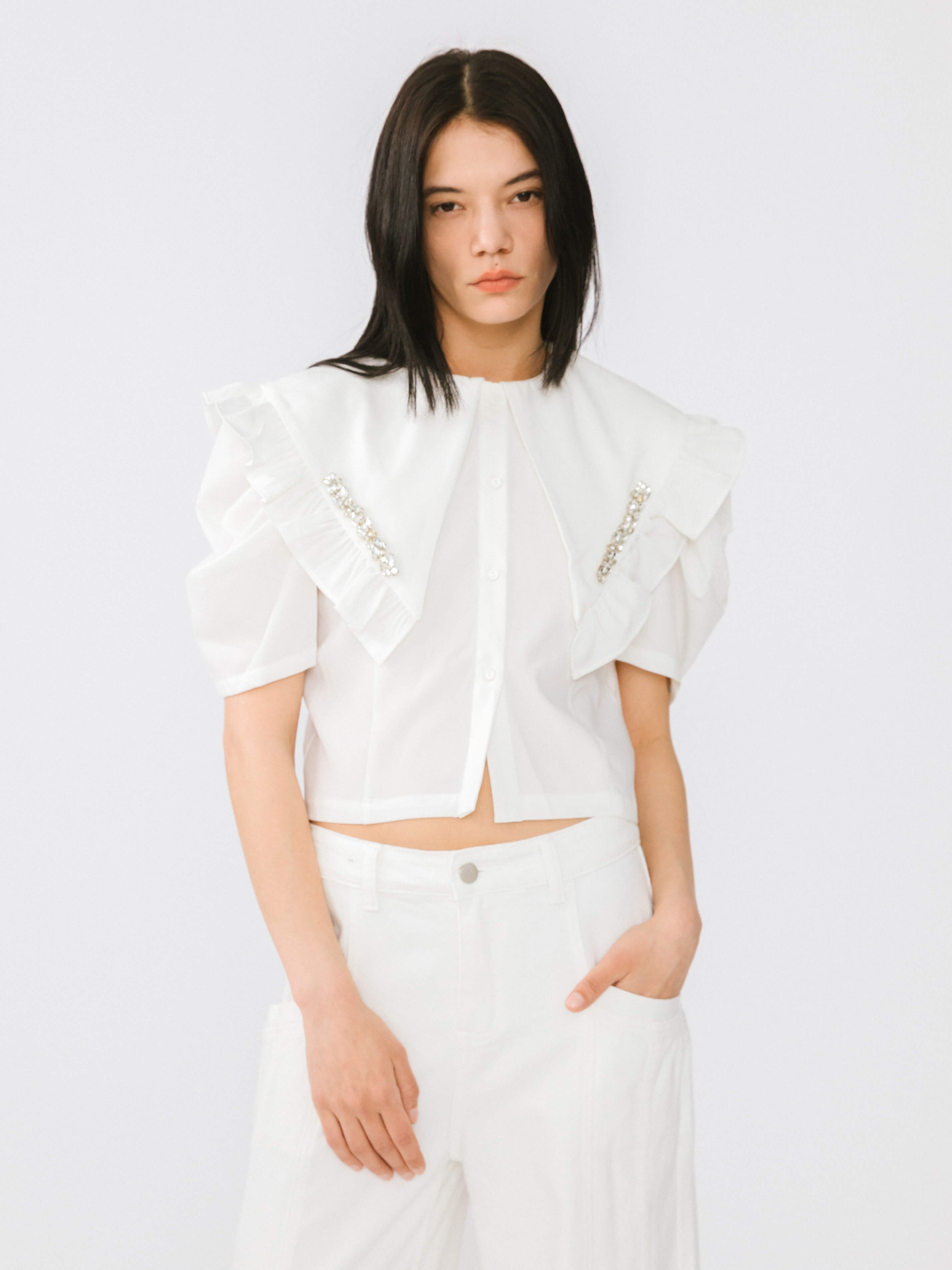Large Lapel Strass Puff Sleeves T-shirt-4