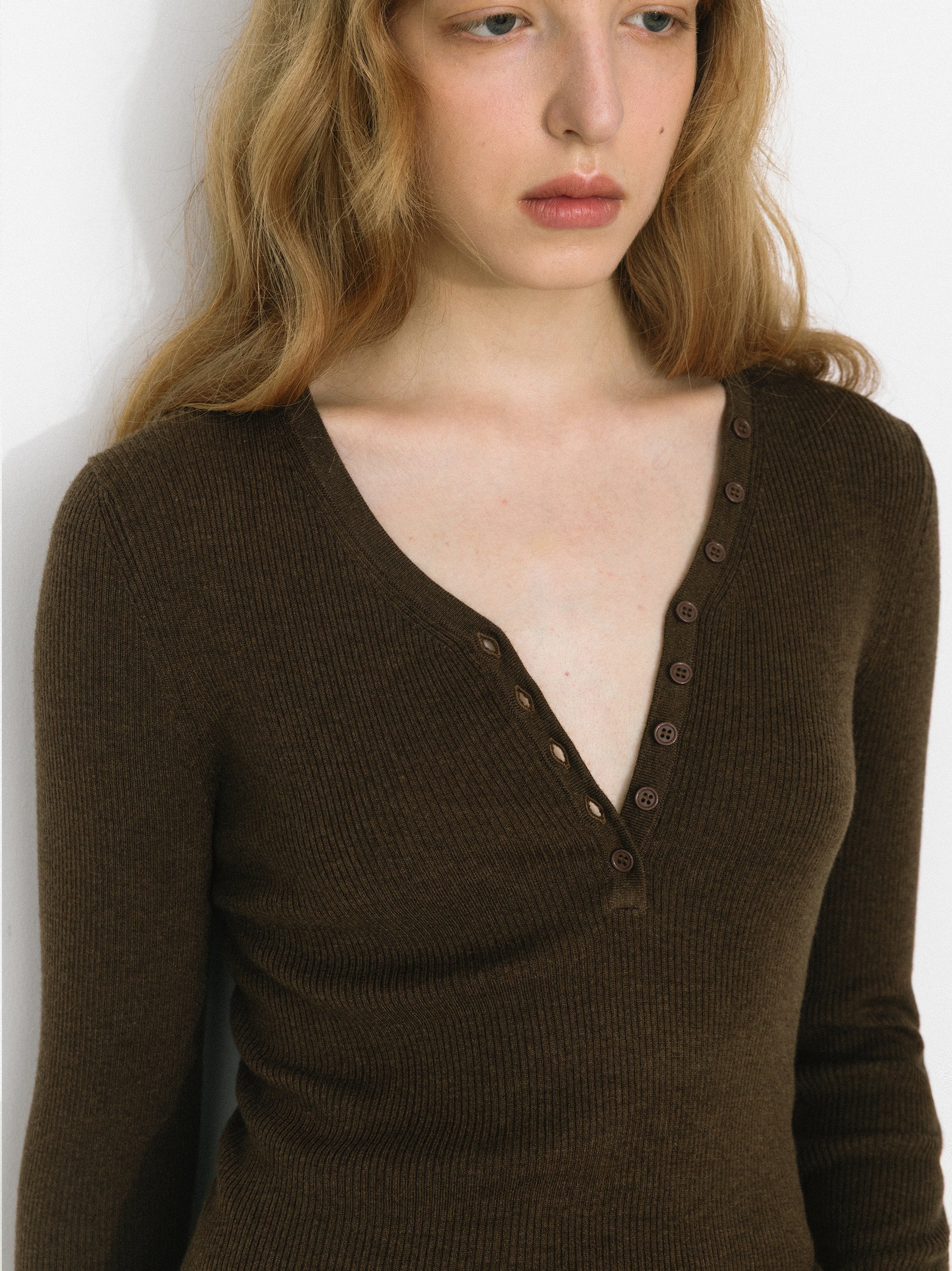 V-Neck Button-Front Fitted Knit Top-4