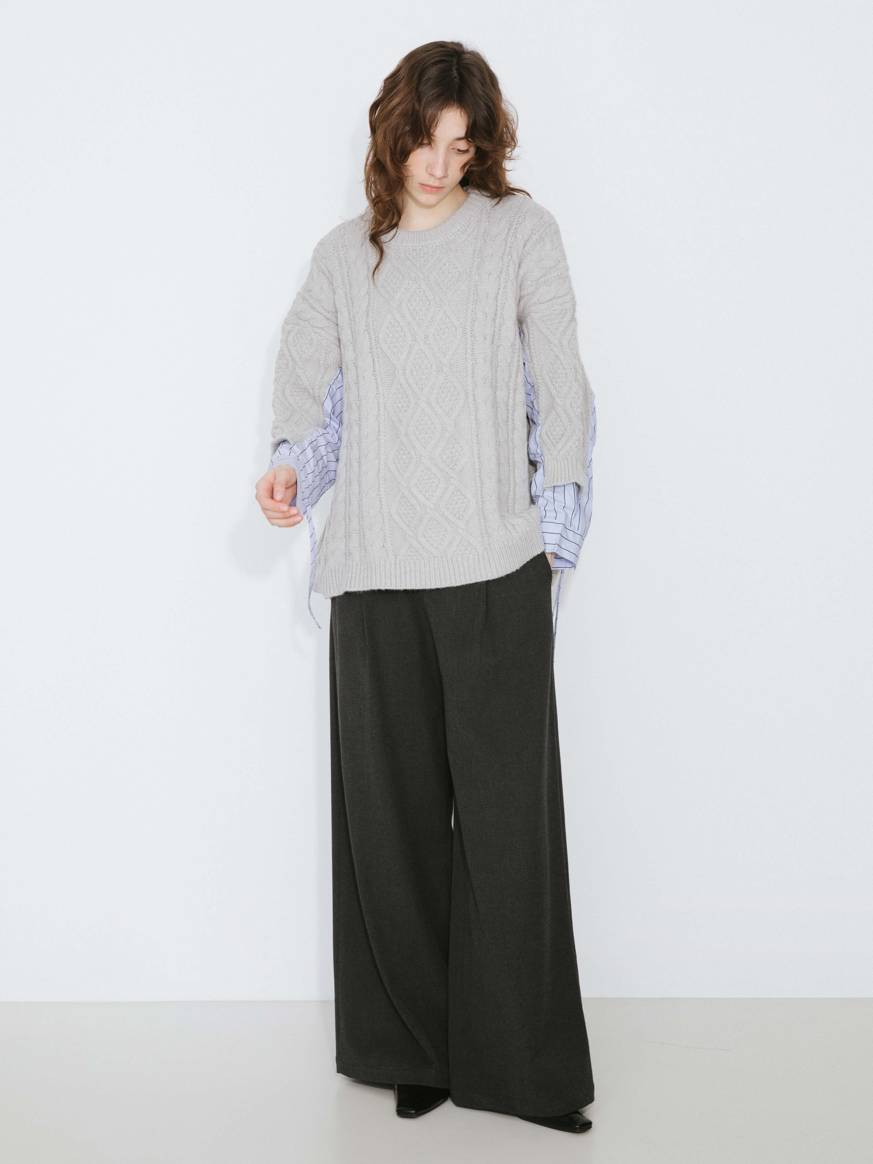 Cable Knit Jumper With Shirting Sleeves-4