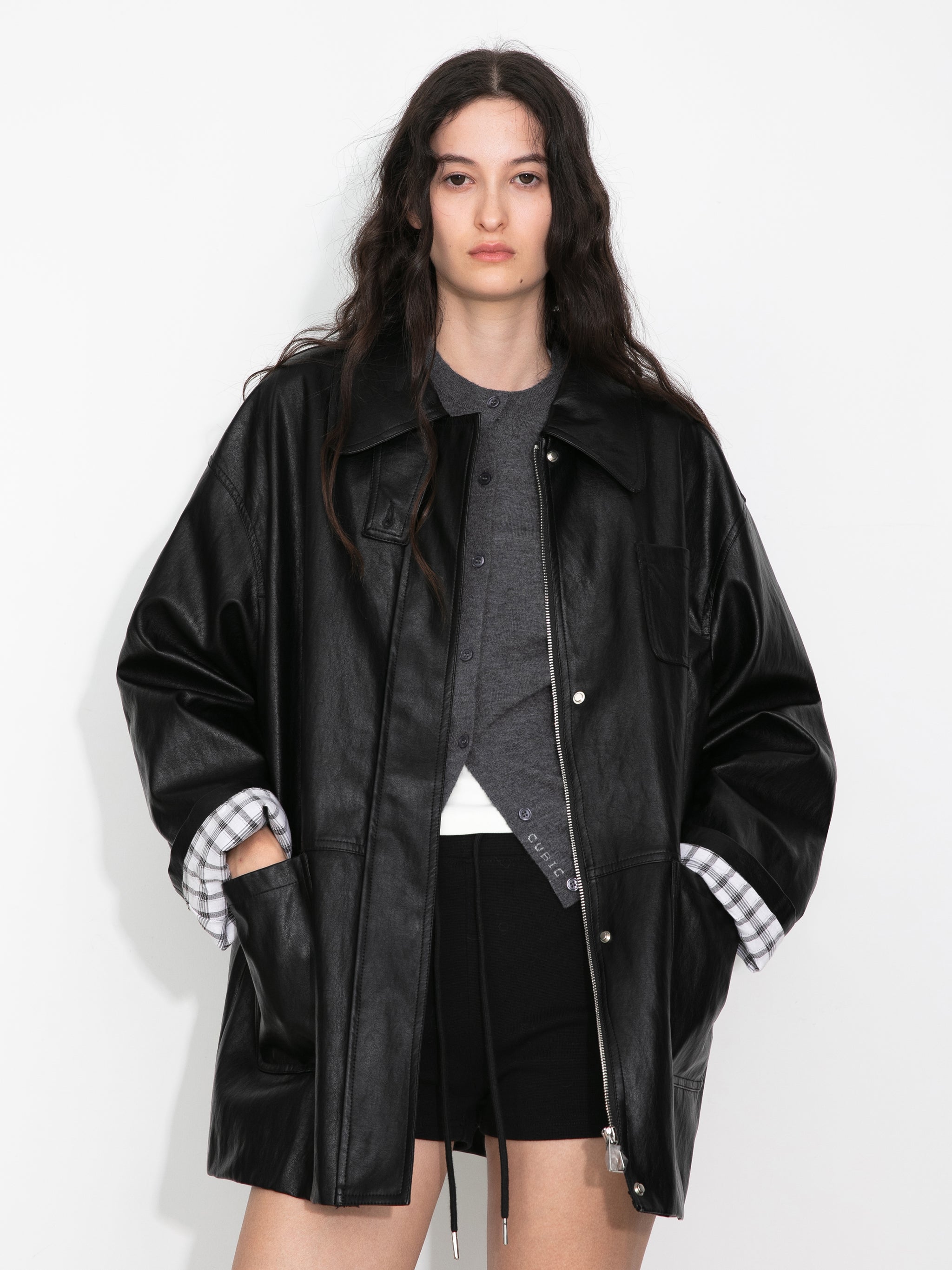 Stand Collar Oversized Leather Jacket-4