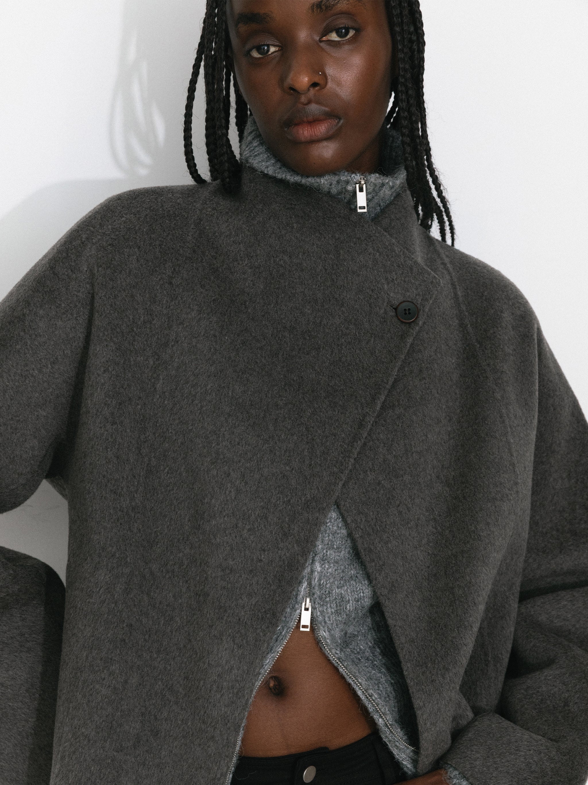 Loose-Fit Wool-Blend Stand-Collar A-Line Coat-4