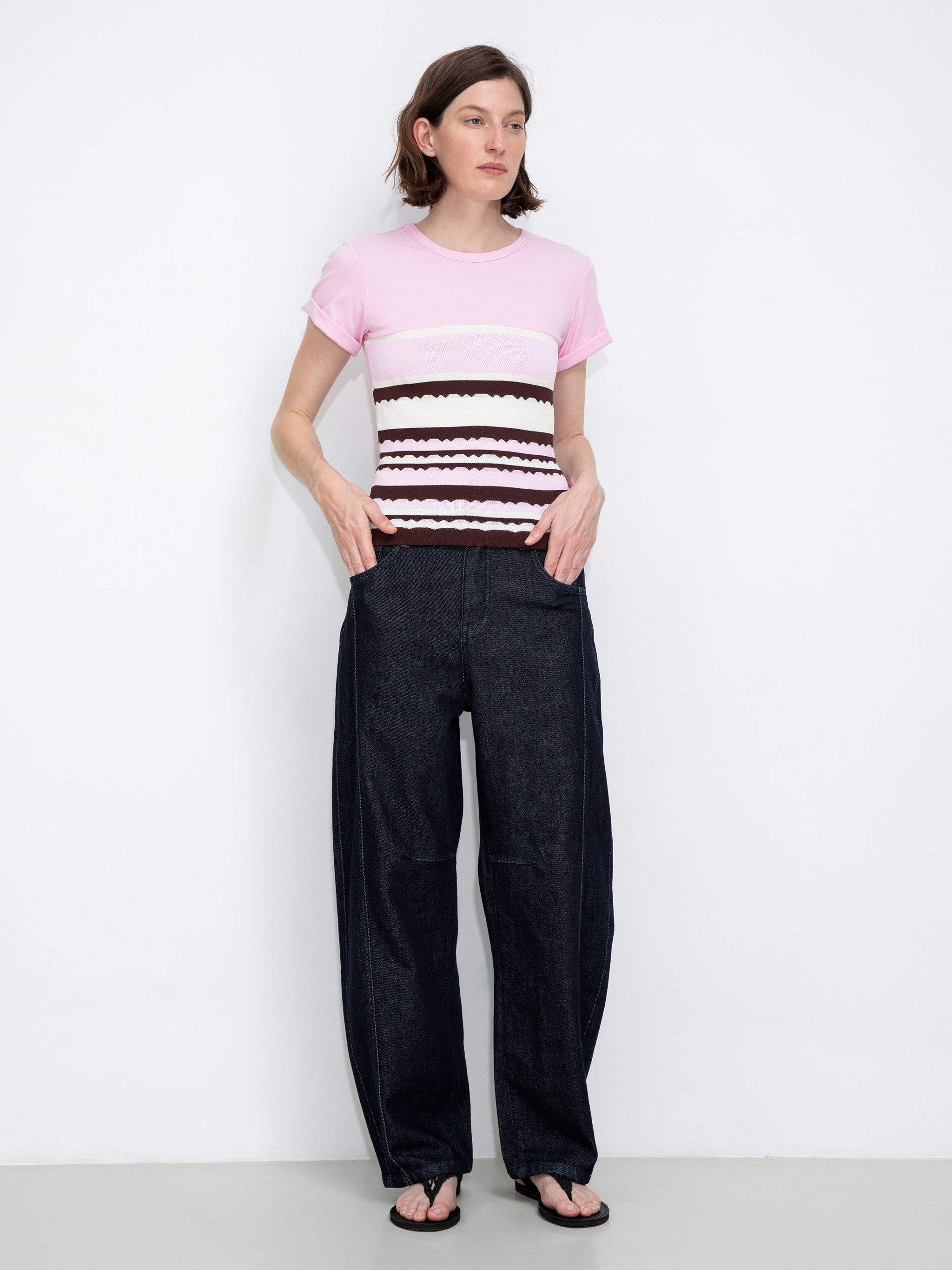 Round Neck Striped Color Block Knitted T-shirt-4