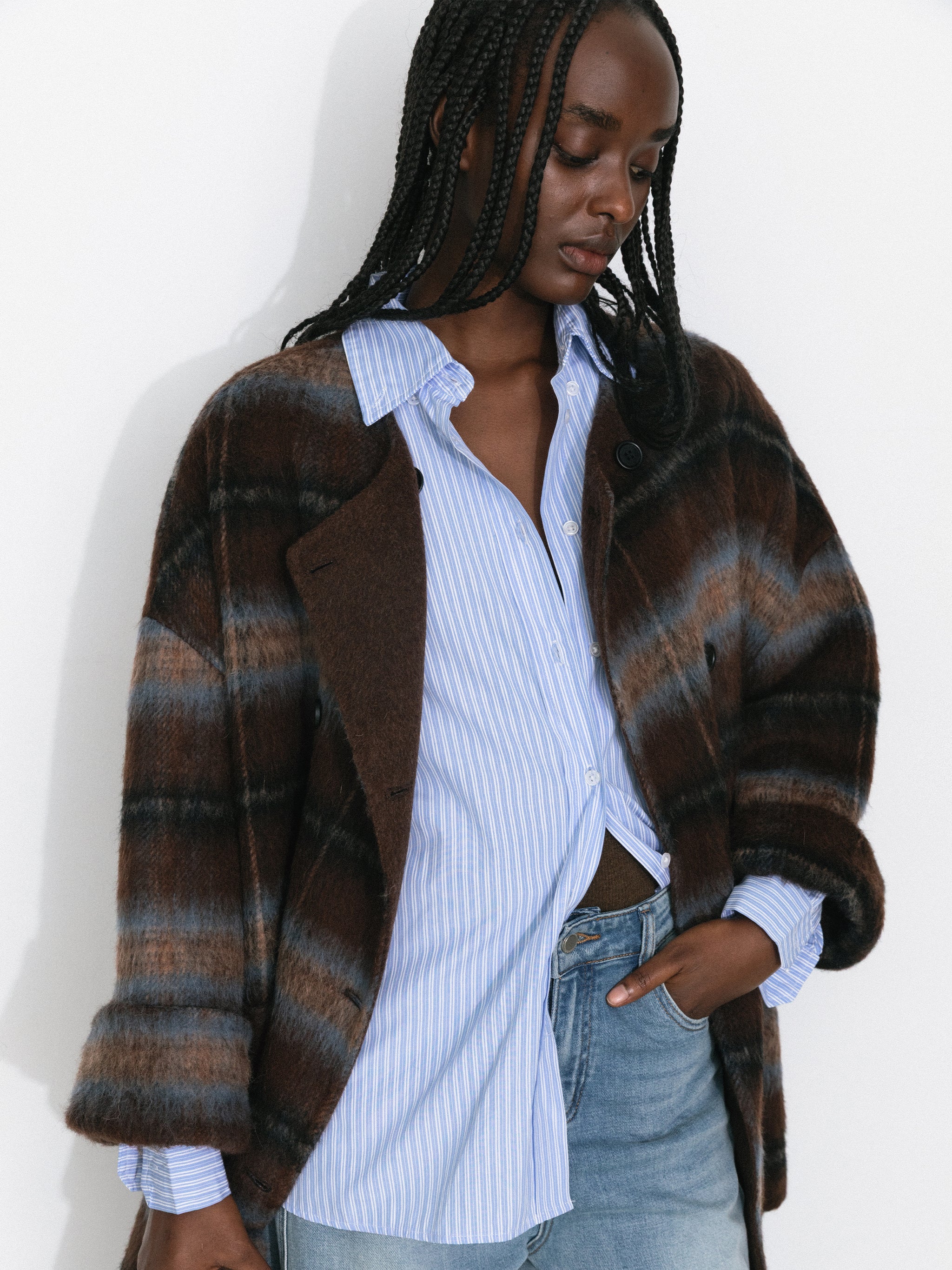 Plaid A-Line Coat with Scarf Collar-4