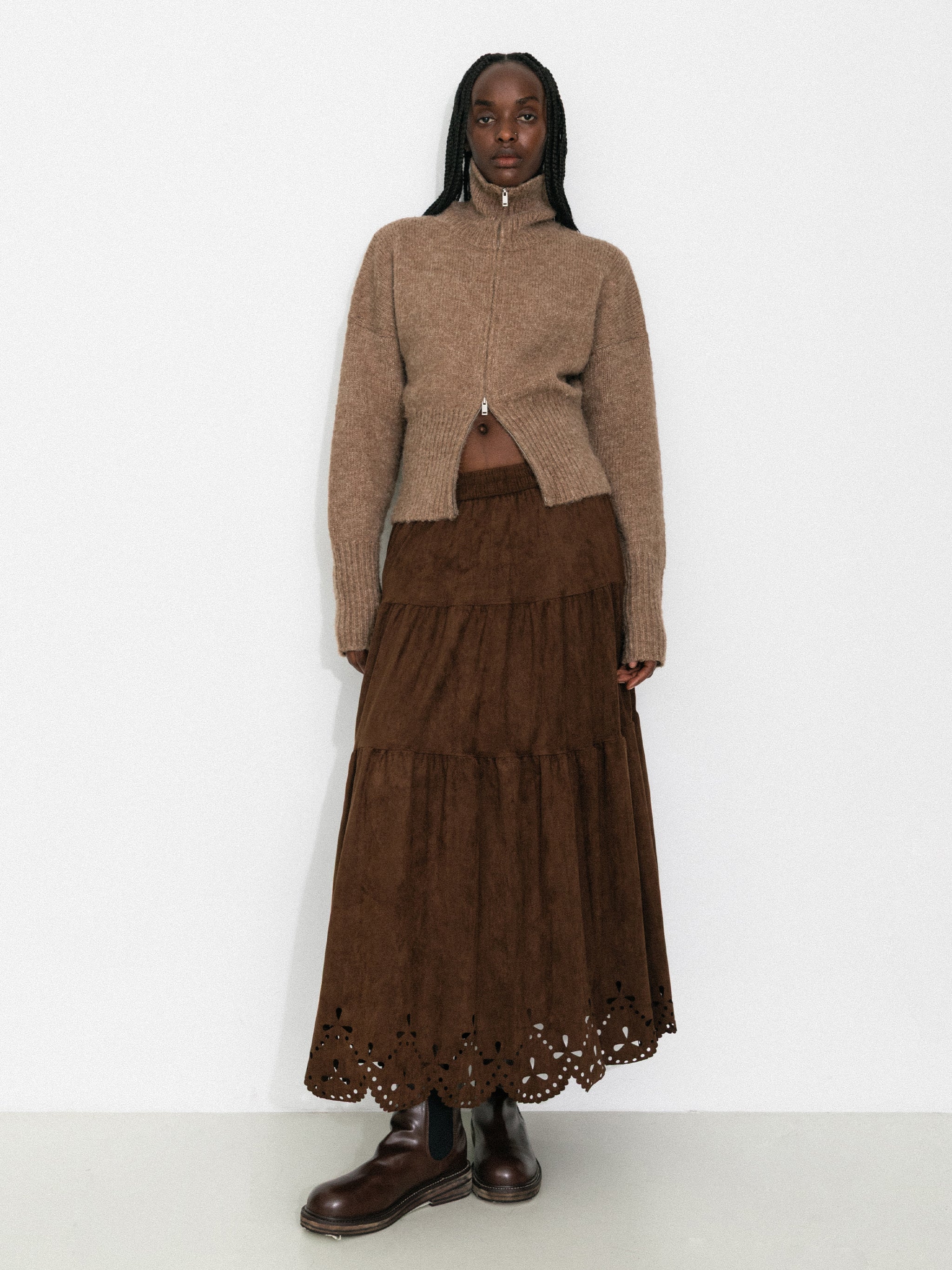 Vintage Boho Suede-Look A-Line Midi Skirt-4
