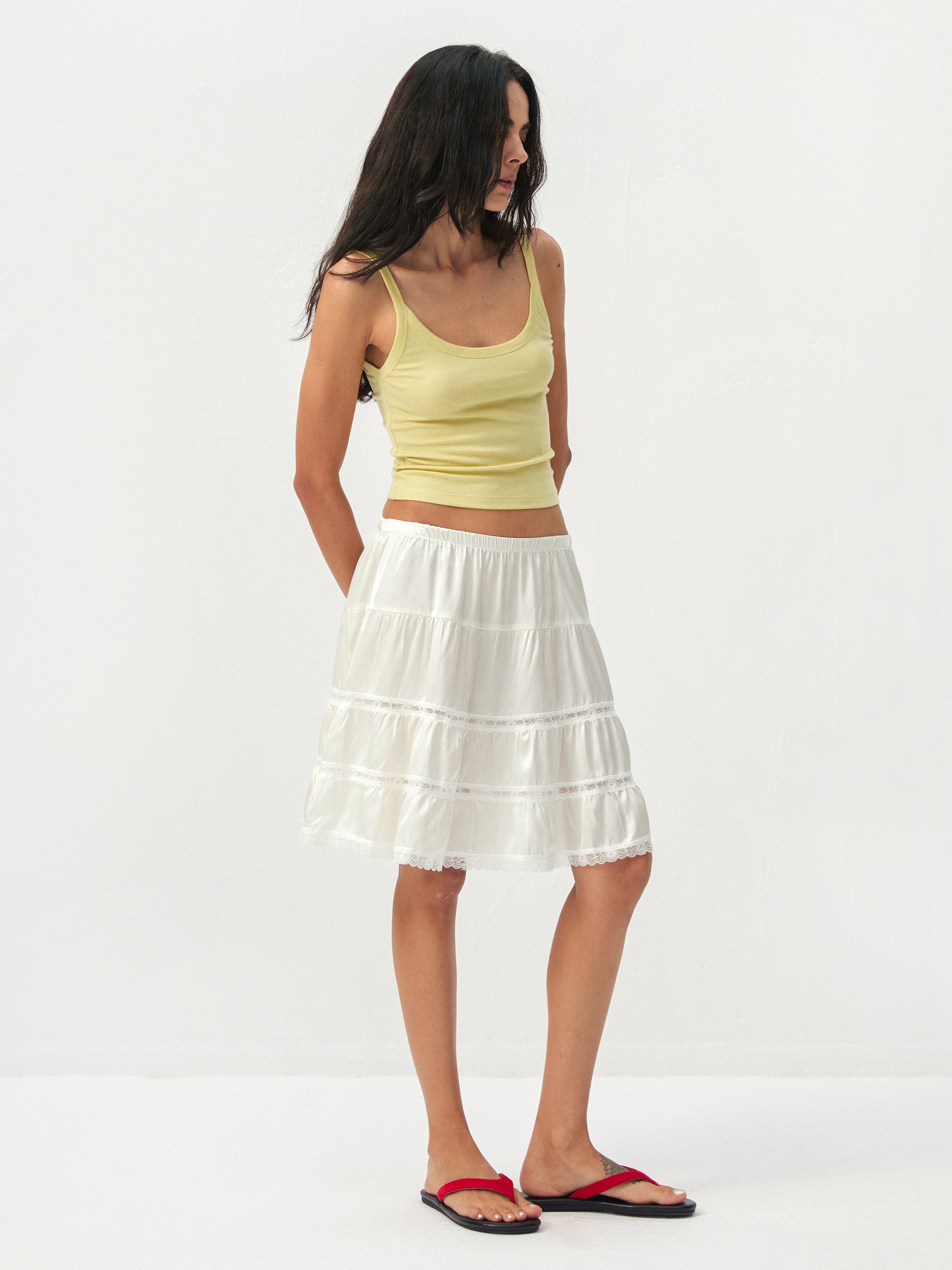 CUBIC Lace Tiered Satin Mini Skirt-4