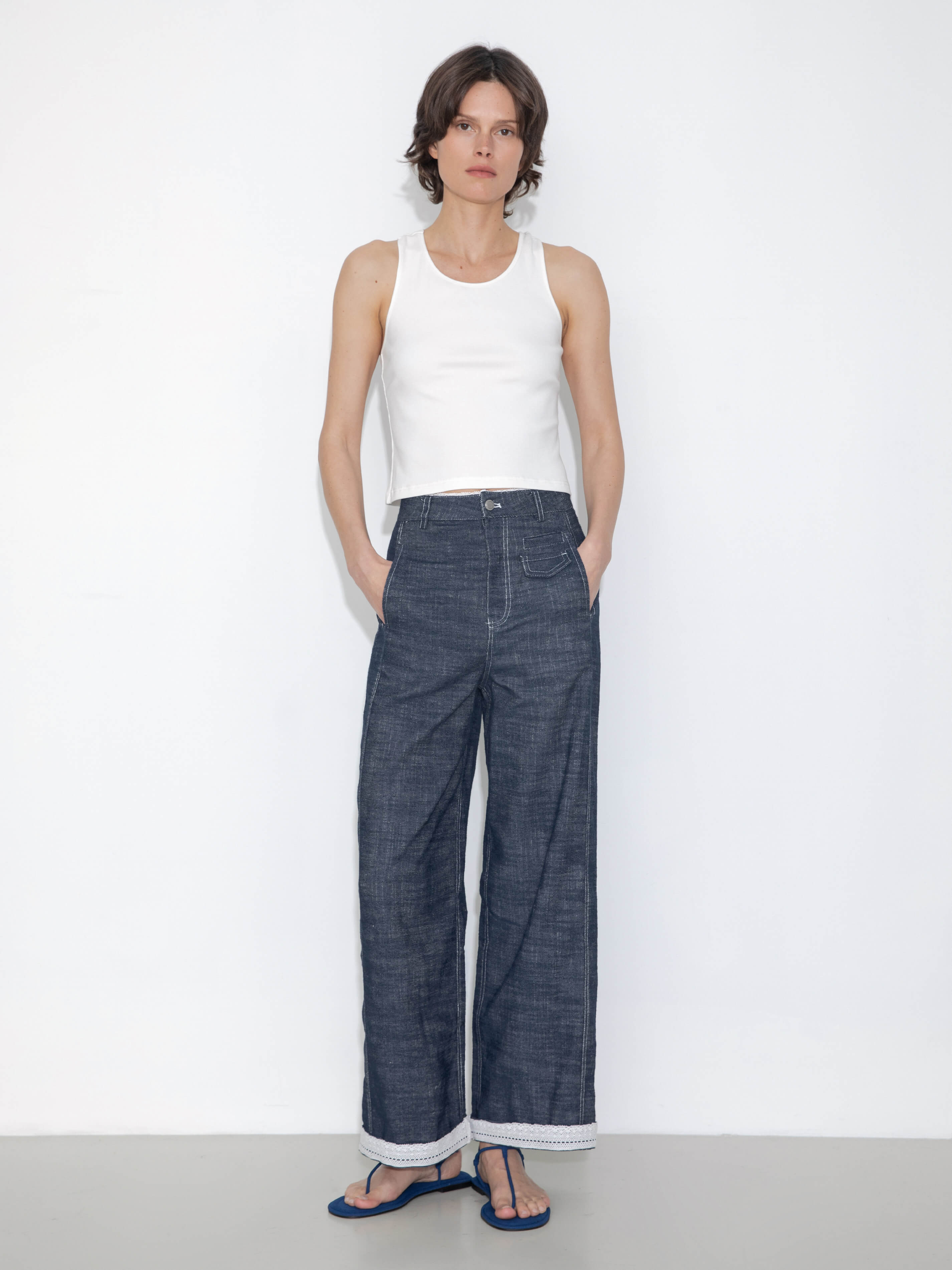 Linen-Cotton Lace Wide-Leg Straight Jeans-3