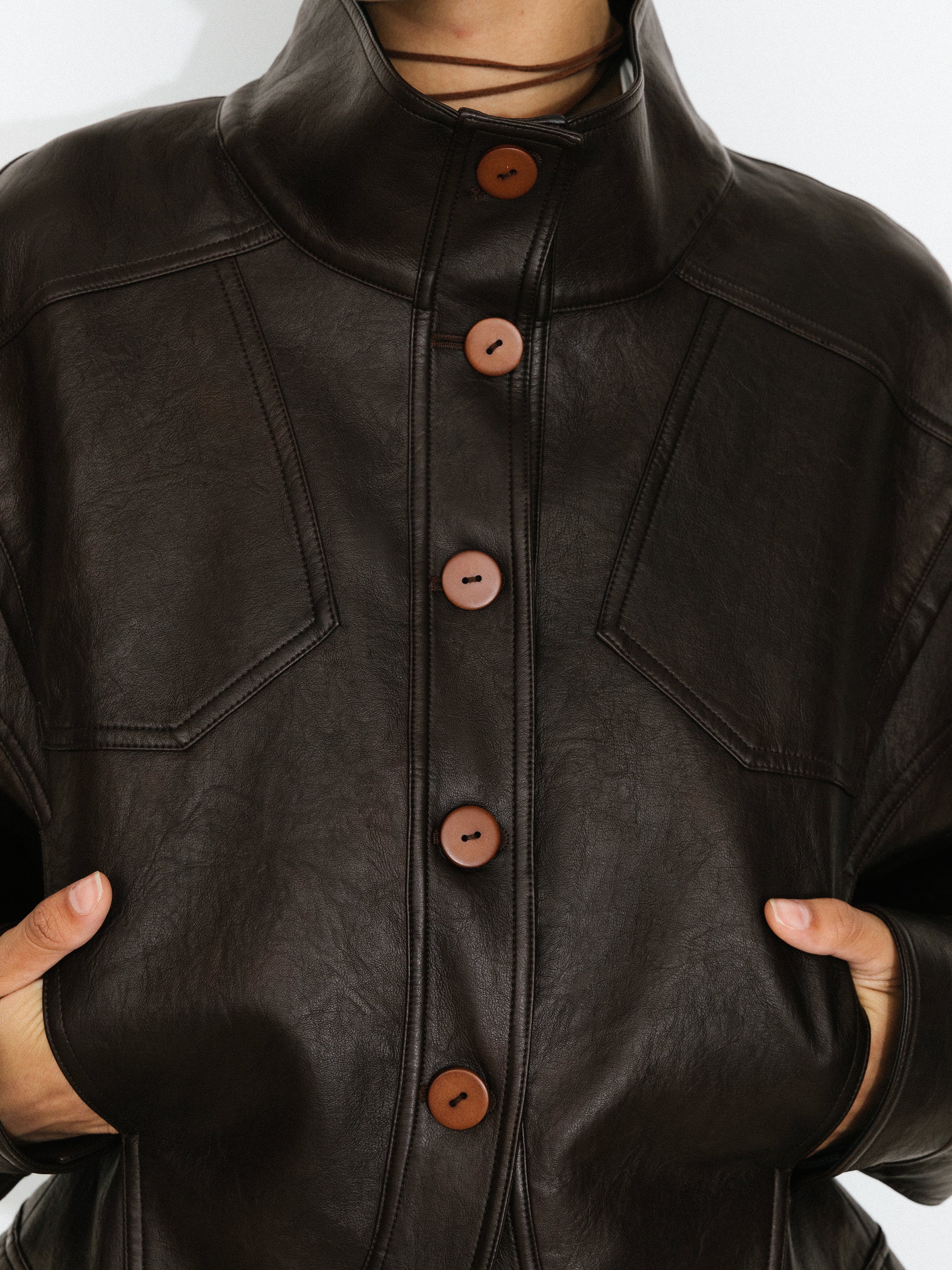 Curved Sleeve Faux Leather Jacket-4
