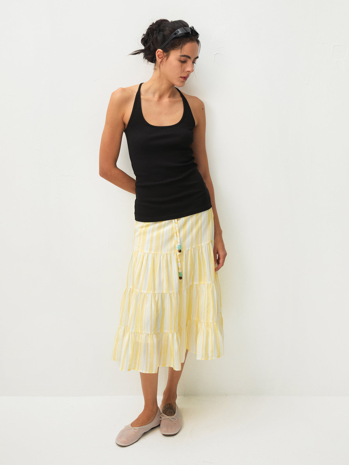 CUBIC Lyocell Linen Blend Tiered Striped Midi Skirt-4