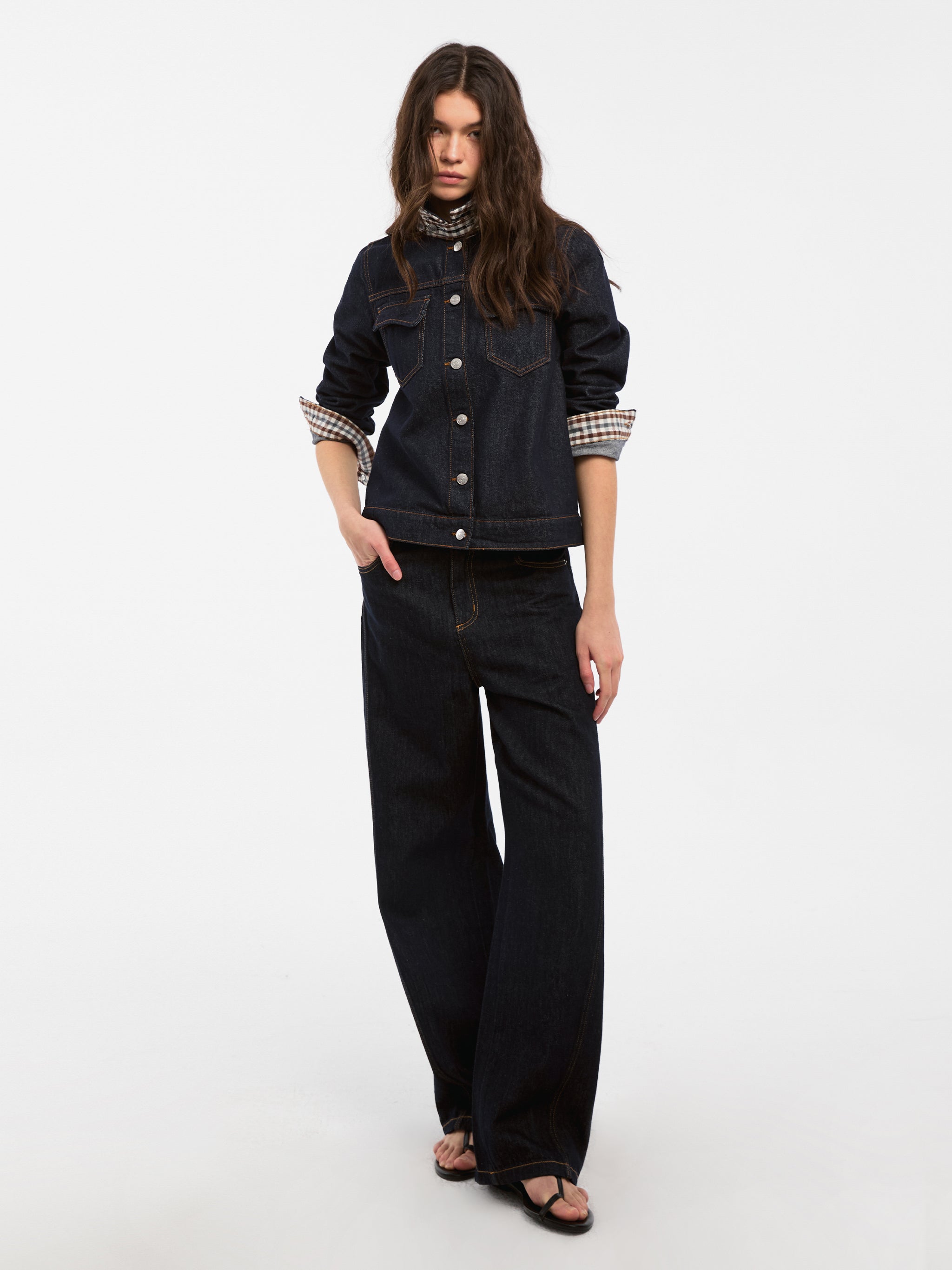 Color-Block High-Neck Denim Jacket-3