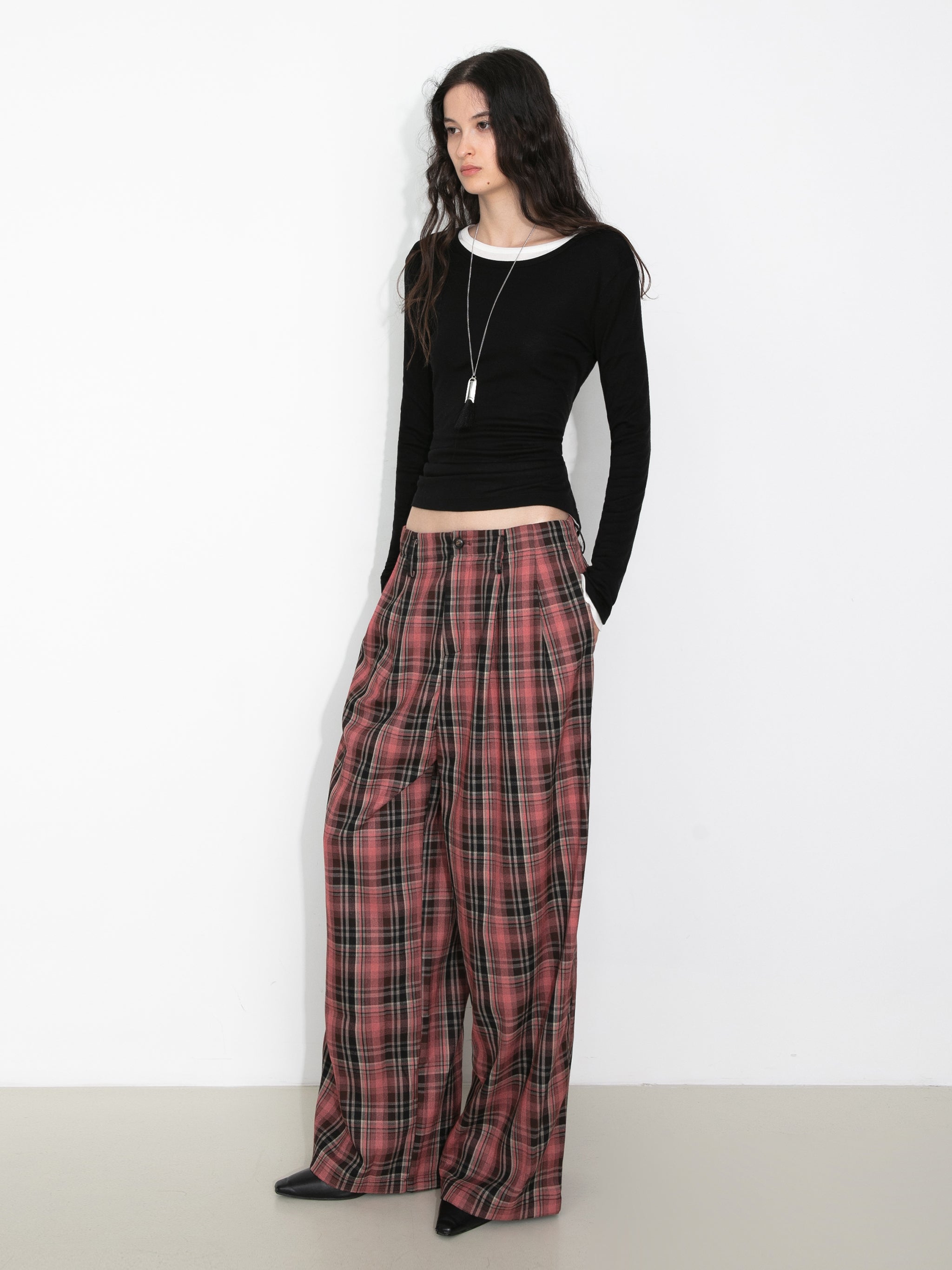 Striped Check Wide-Leg Draped Floor-Length Trousers-4