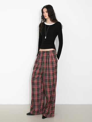 Striped Check Wide-Leg Draped Floor-Length Trousers