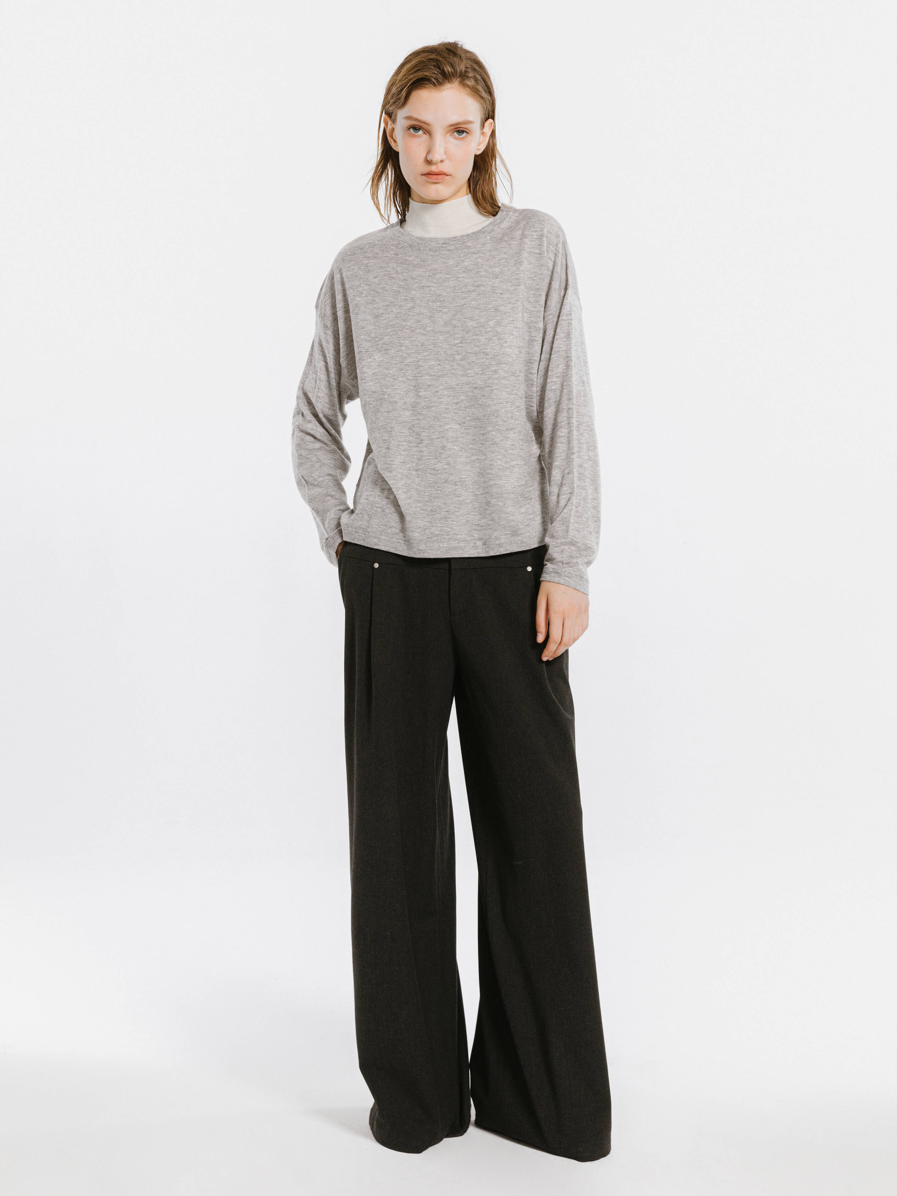 Crew Neck Long Sleeve Top with Wool Blend-4