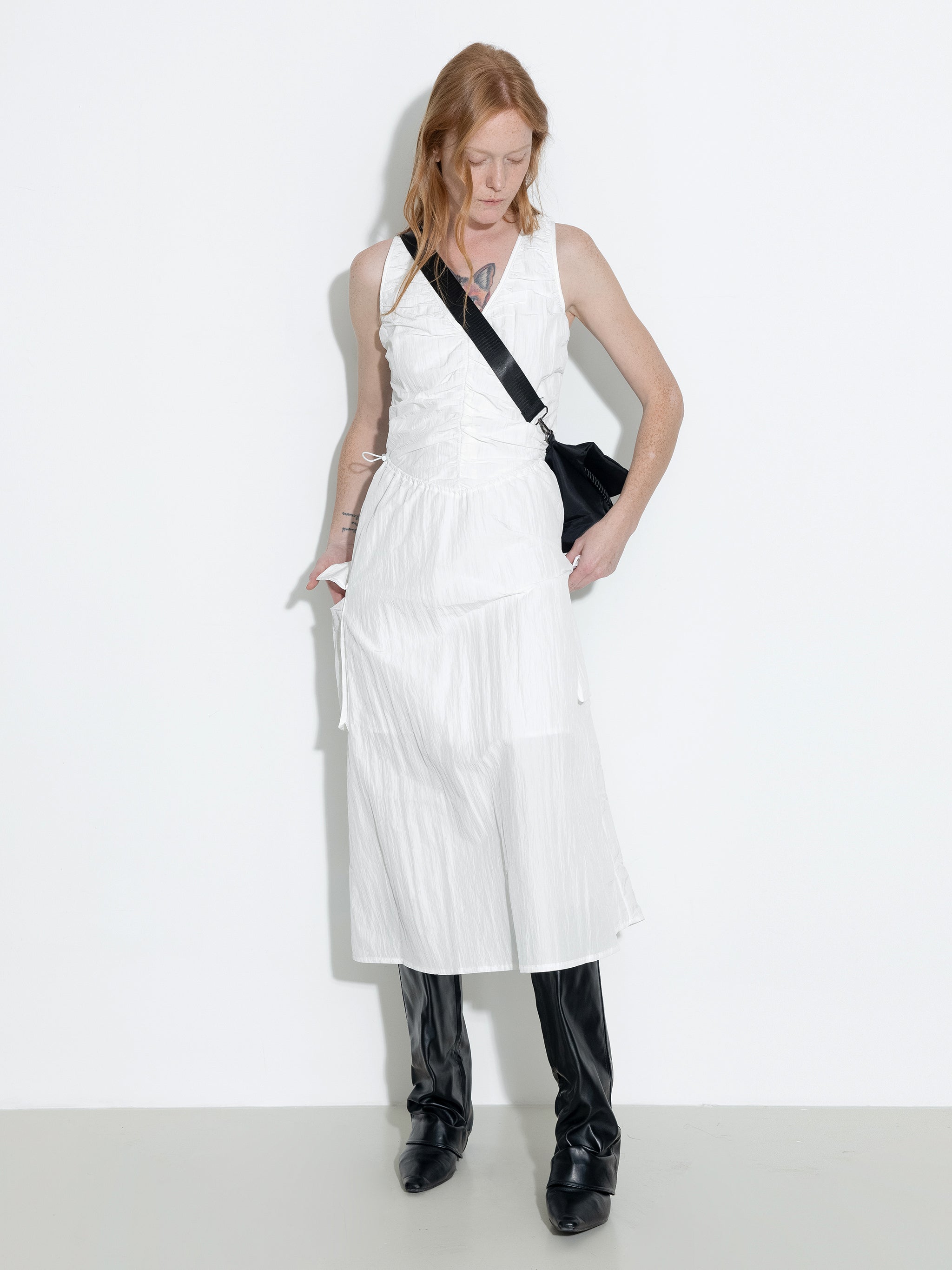 Drawstring Pleated V-Neck Sleeveless Dress-4