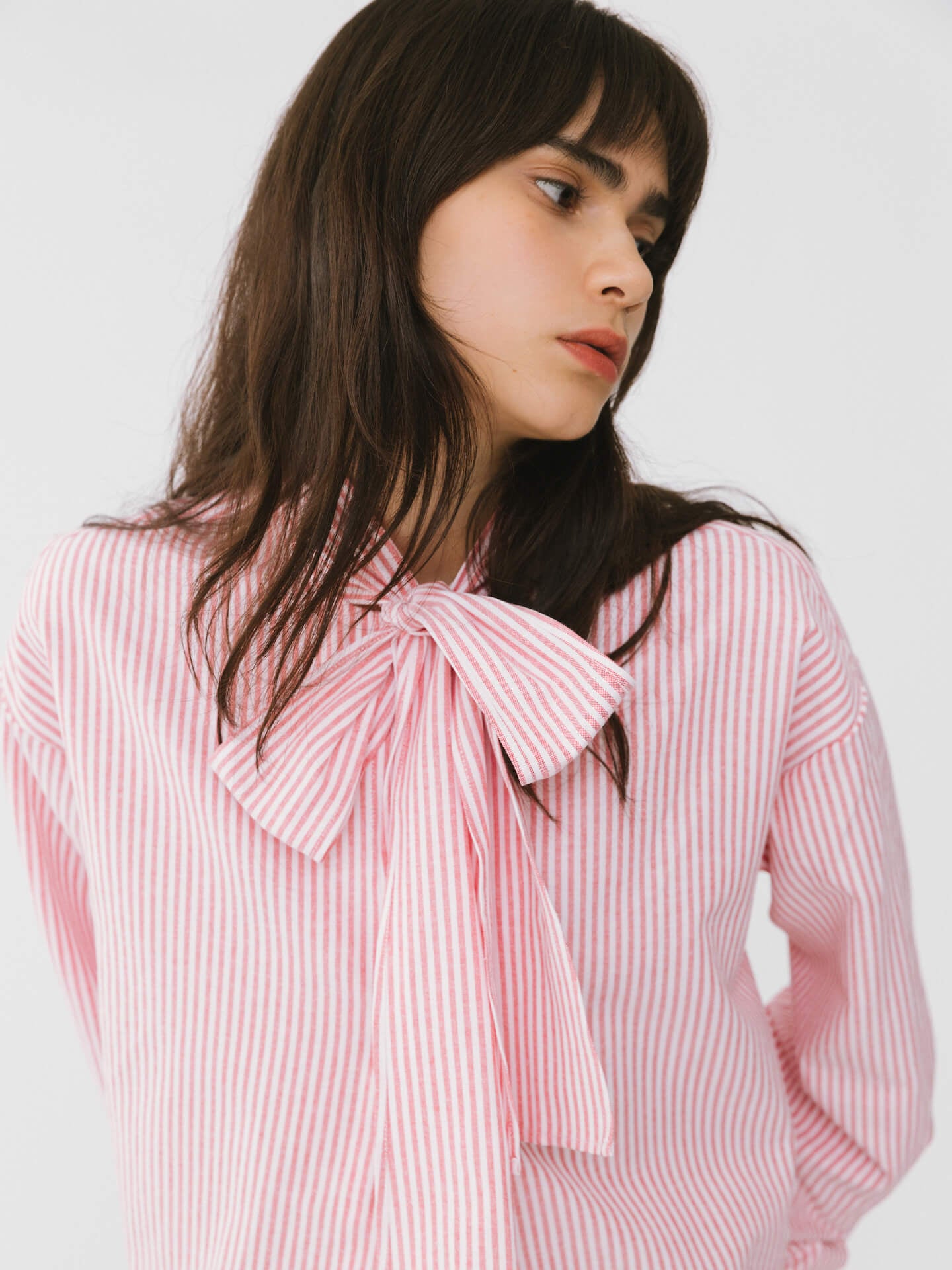 Pinstripe Long Sleeves Shirt with Tie Down Collar-4