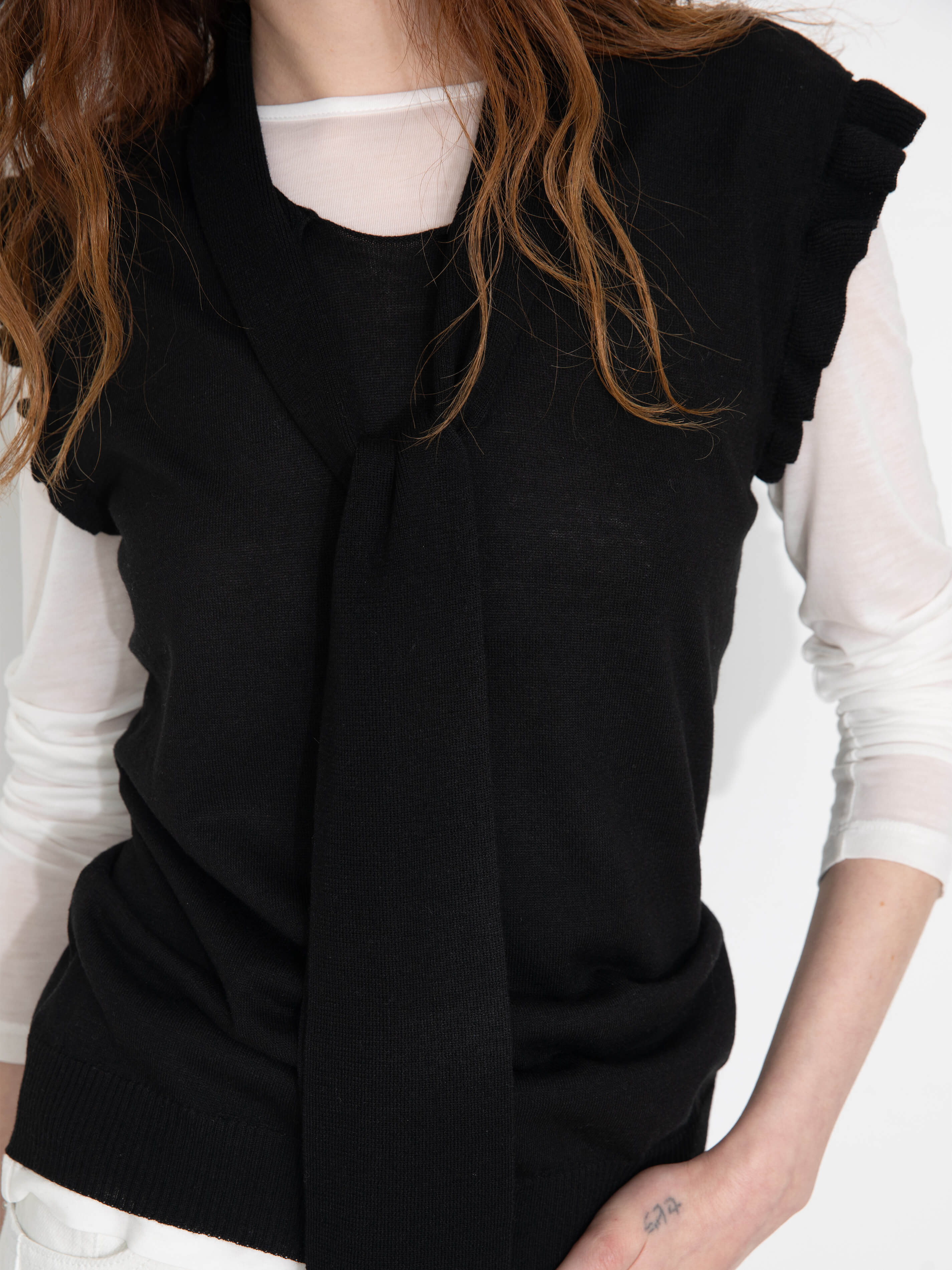 Ruffled Sleeve Sleeveless Knit Top with Attached Scarf-4