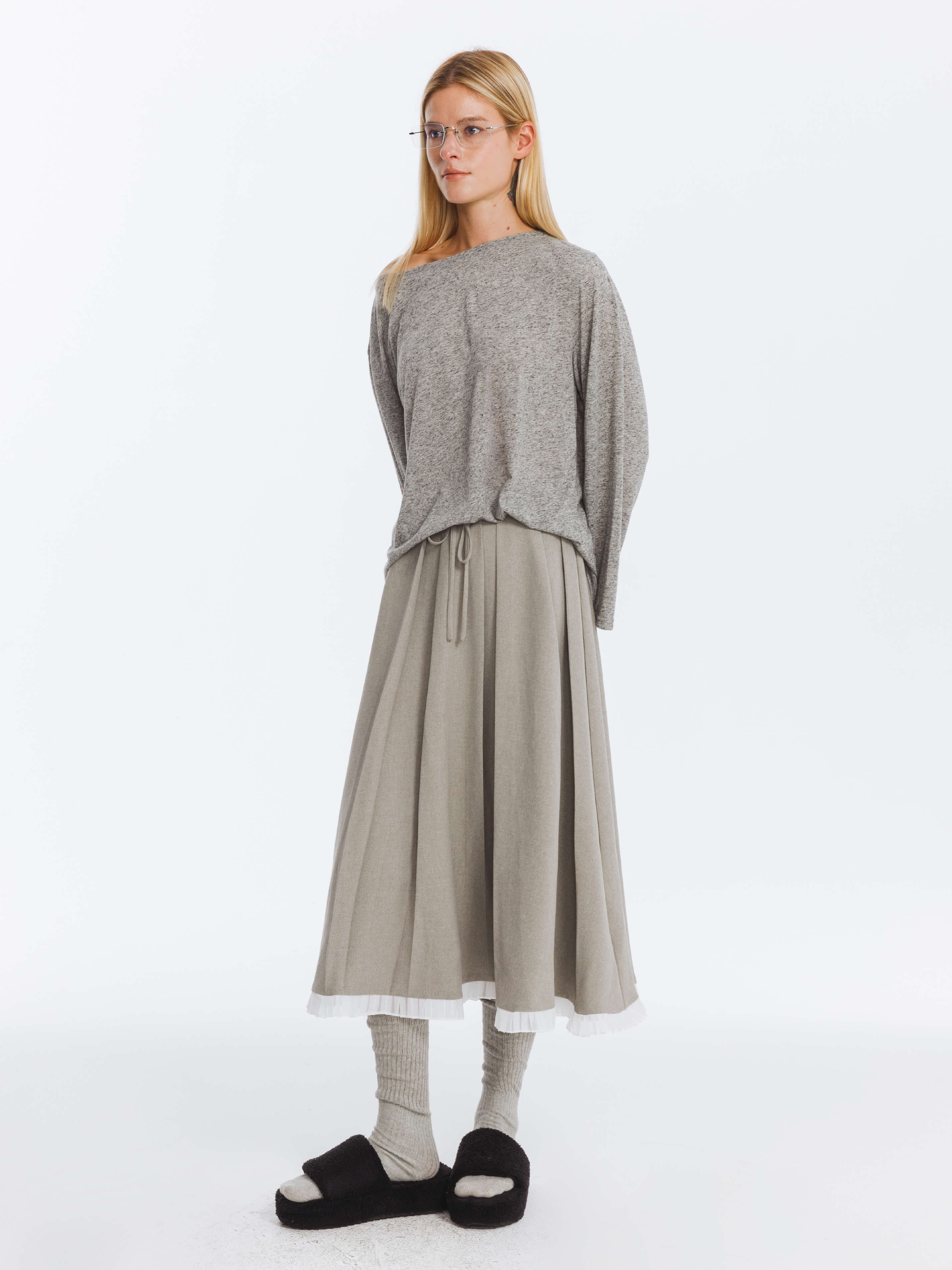 A-line Pleated Skirt with Ruffles Hem-8