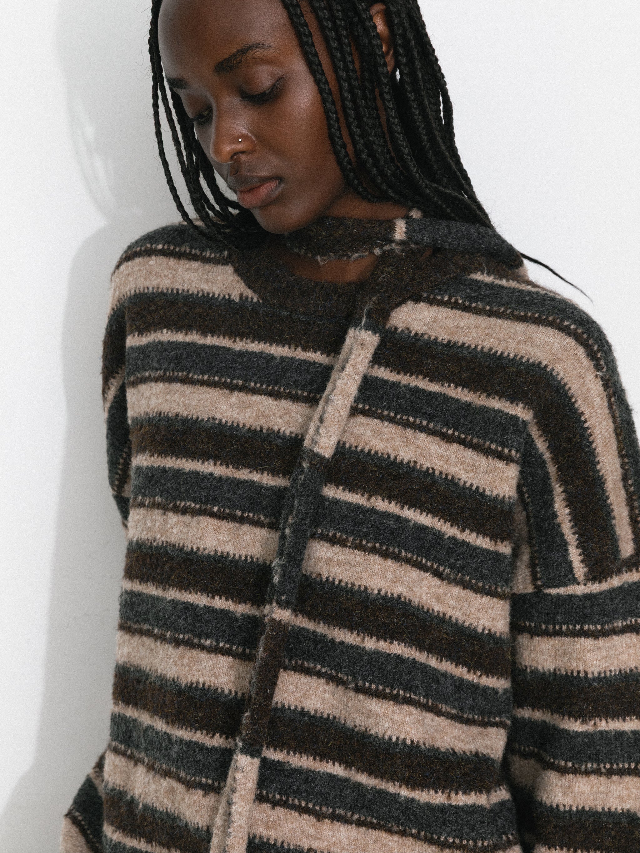 Retro Striped Pullover Sweater with Scarf-4