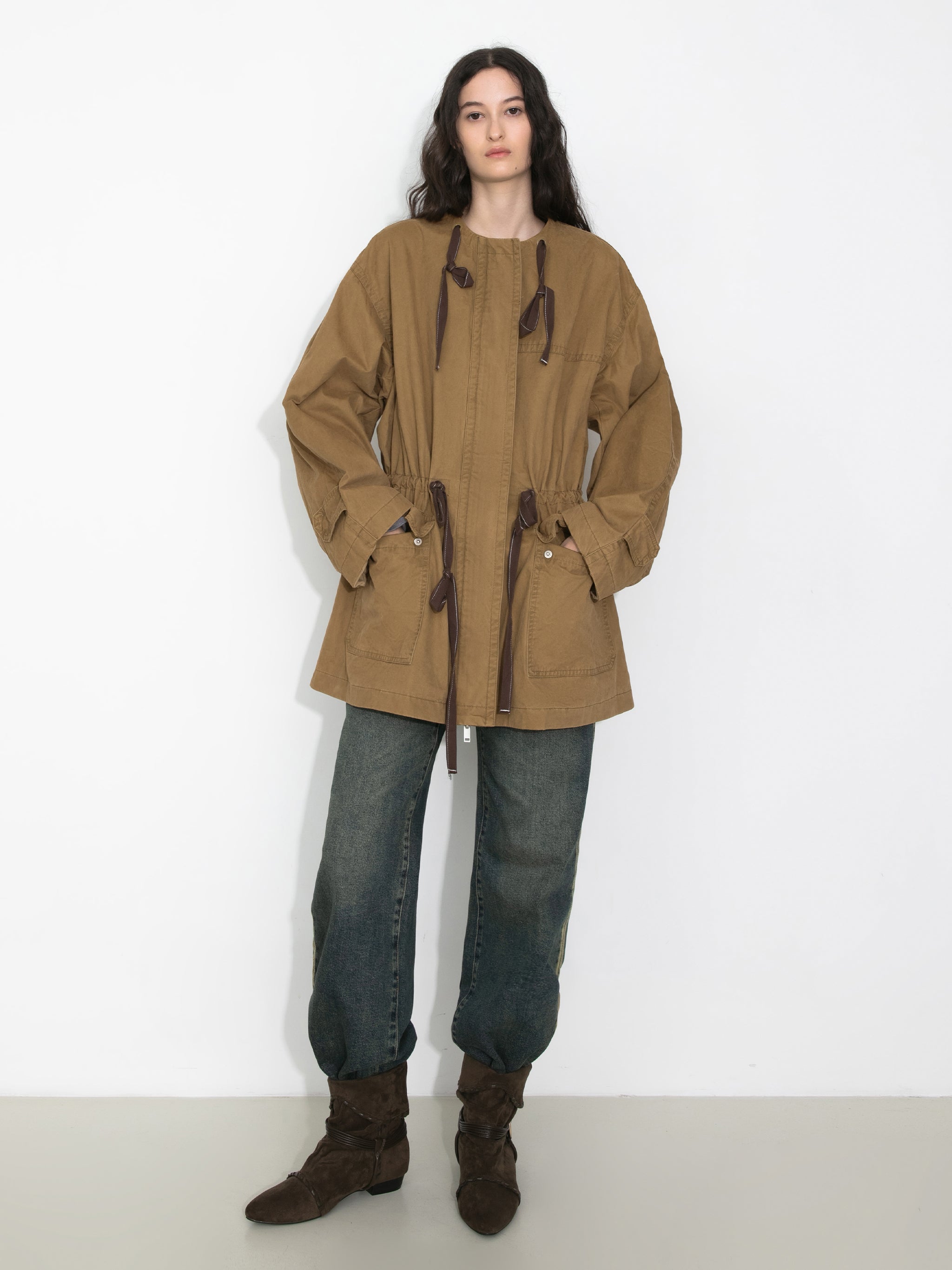 Drawstring Crewneck Mid-Length Trench Coat-4
