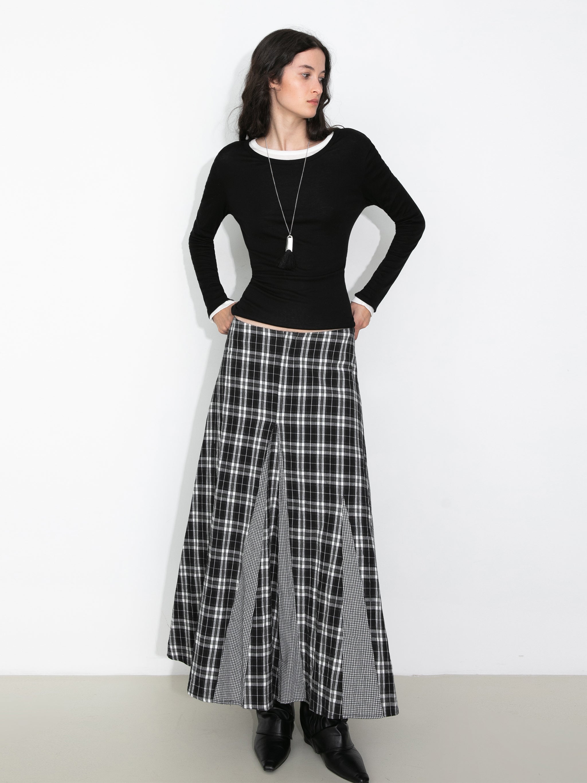 100% Cotton Patchwork Check A-Line Maxi Skirt-4