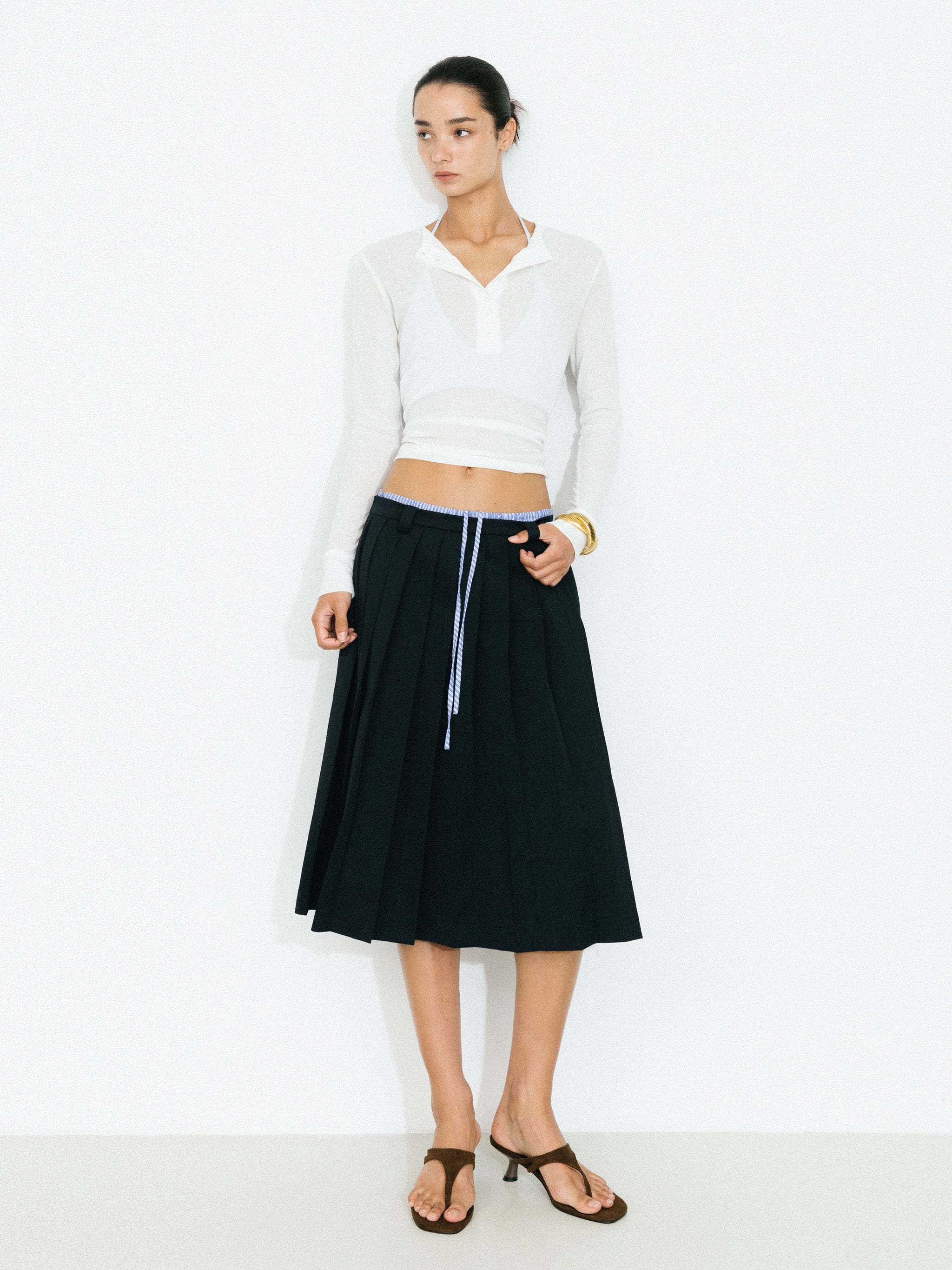 Double Waistband Contrast Pleated Skirt-4