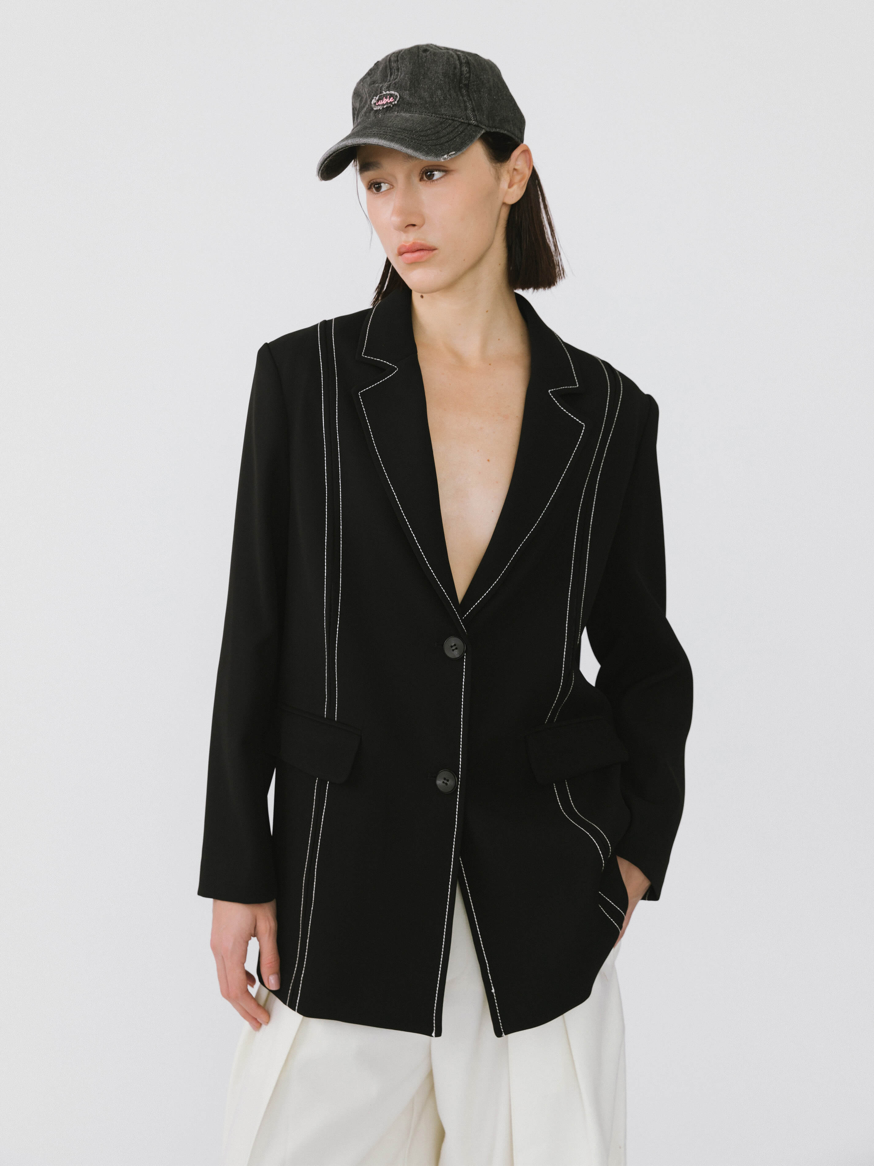 Single Breasted Contrast Topstitch Long Blazer-4