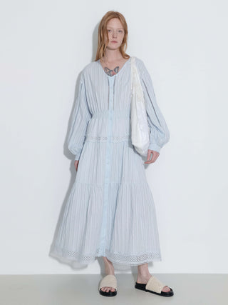 100% Cotton Lace Hollow V-Neck Waist-Cinched Maxi Dress