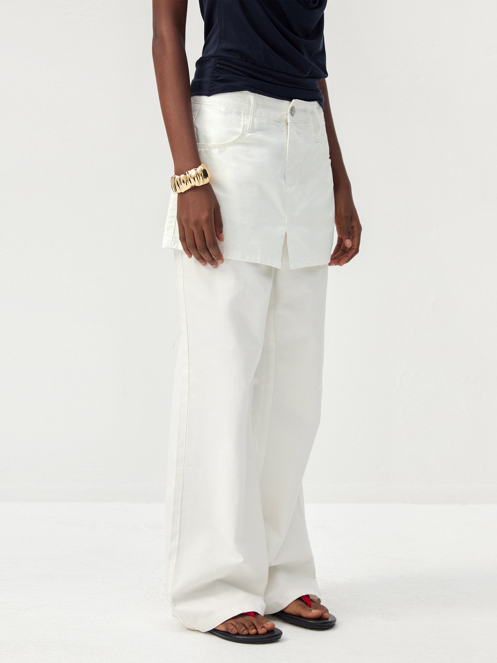 CUBIC Cotton-Blend Layered Skirt-Front Flare Trousers-4