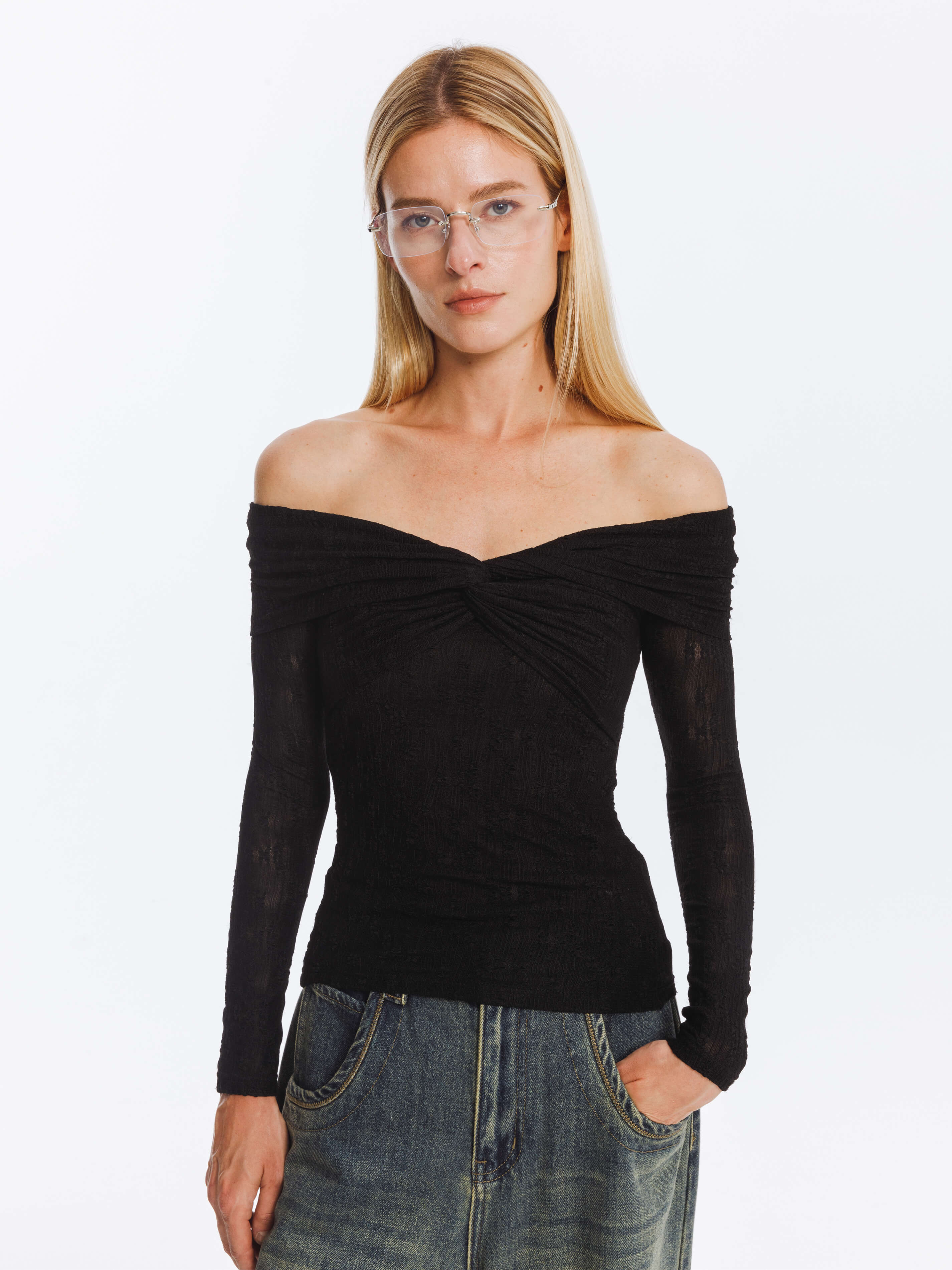 Pleated Off Shoulder Long Sleeves Top-4