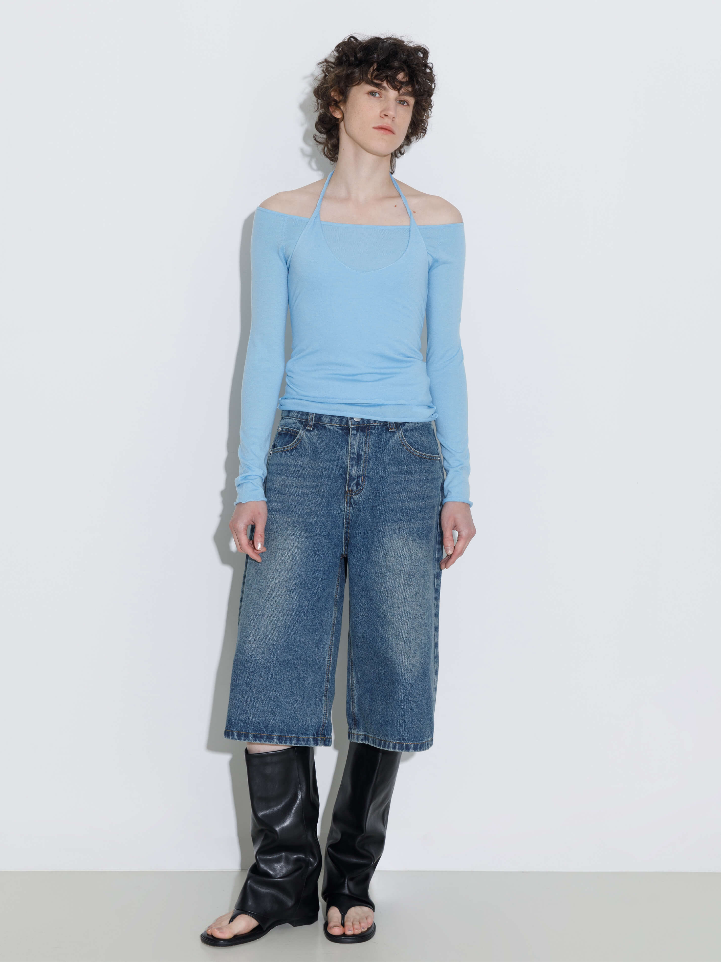 Blue Halter Neck Knit Top with Wool Blend-4
