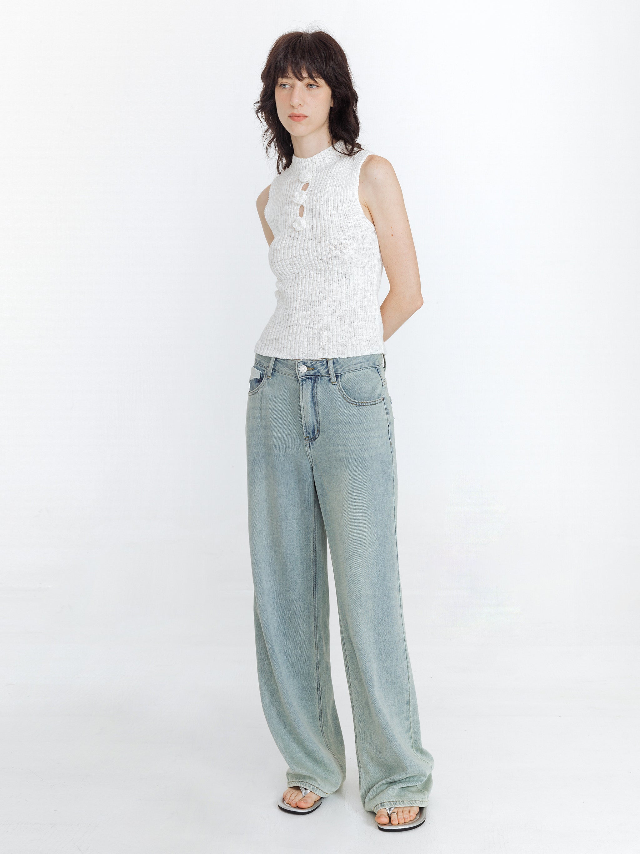 High Waist Loose Straight Washed Jeans-4
