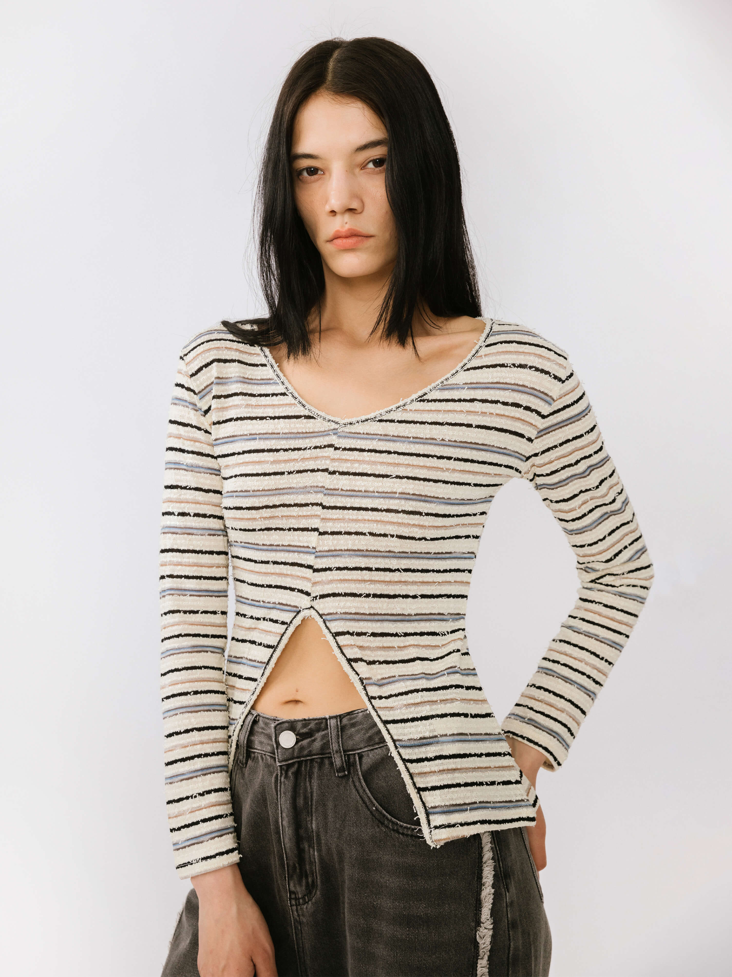 Front Slit Striped Long Sleeve Top-4