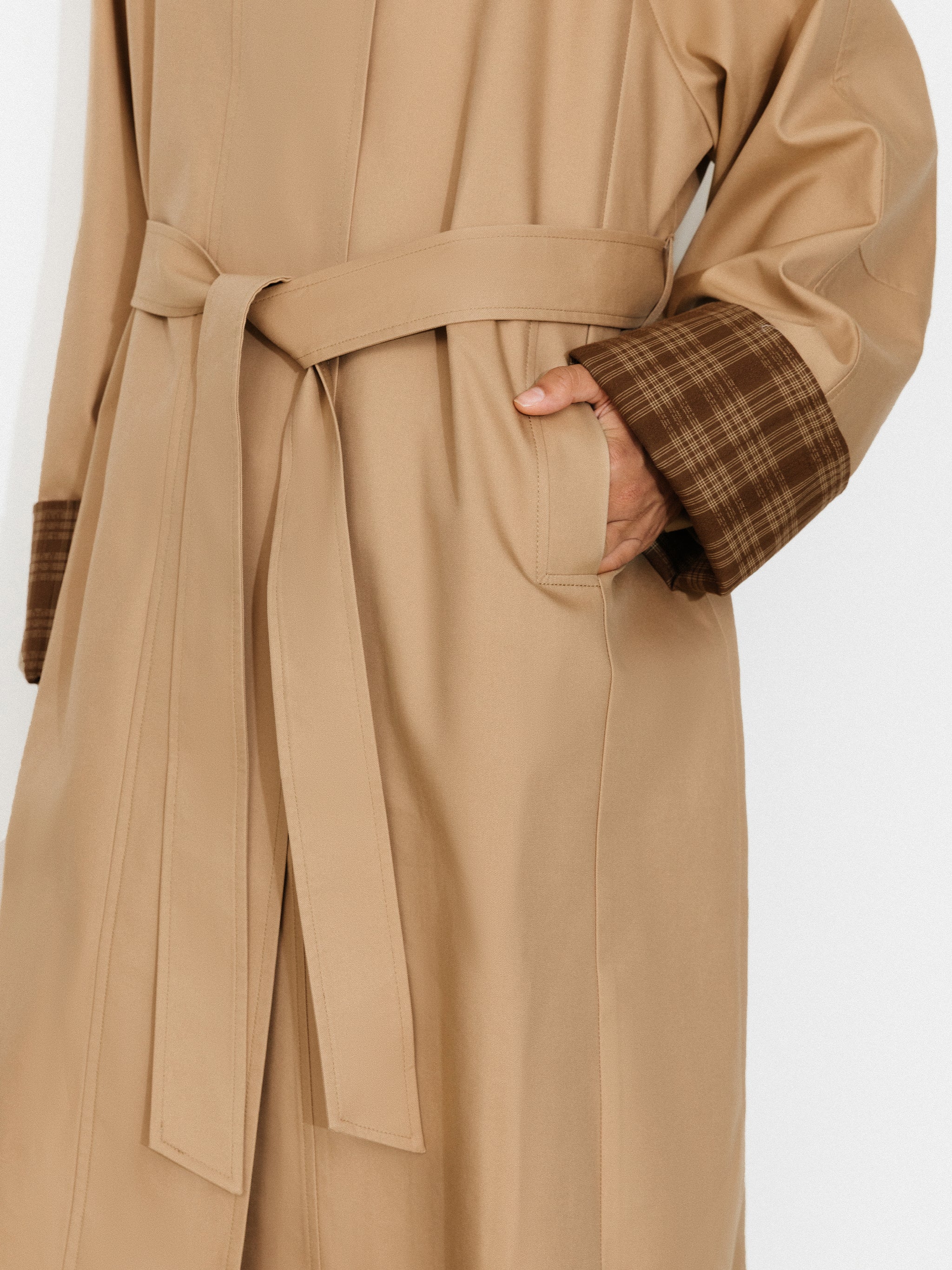 Funnel Neck Colorblock Cuff Trench Coat-4